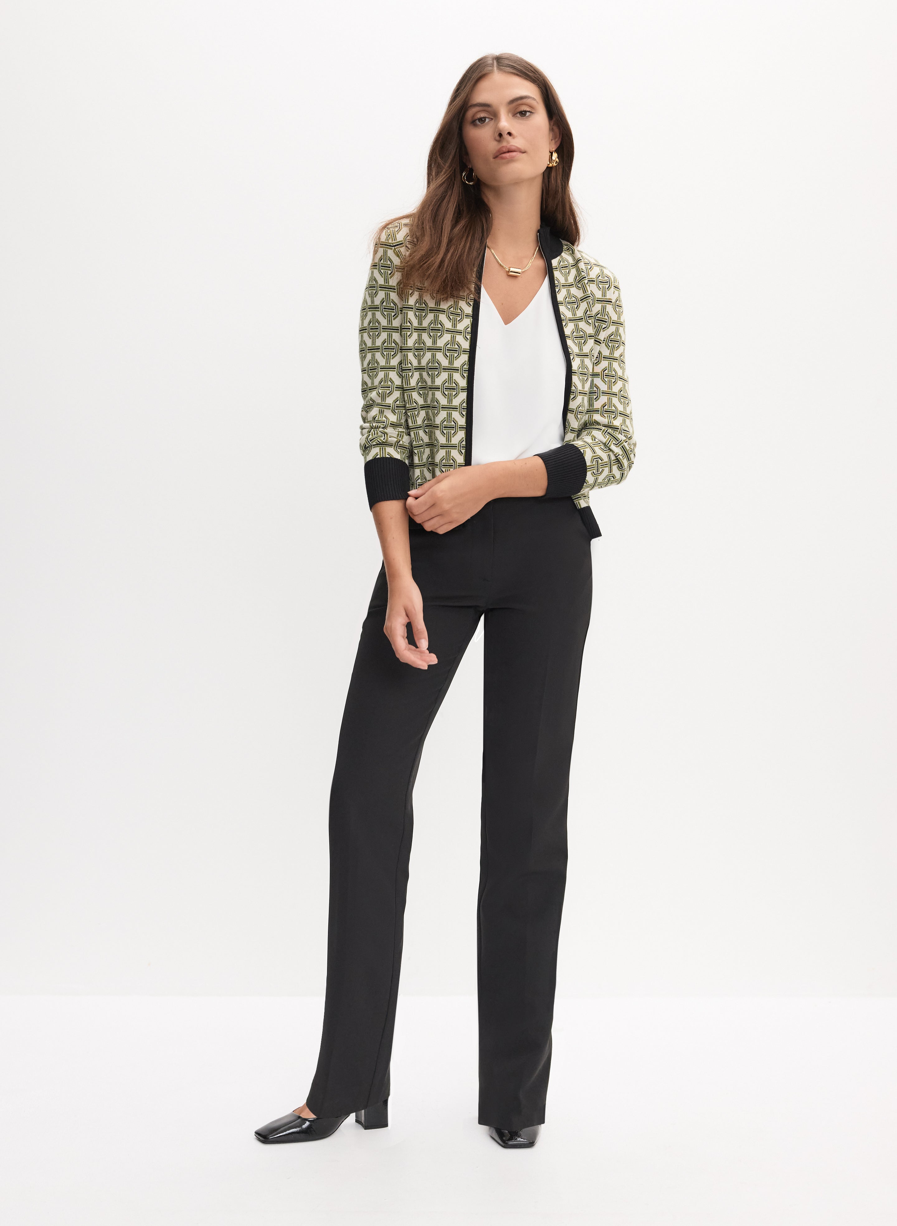 Geometric Print Zip-Up Cardigan