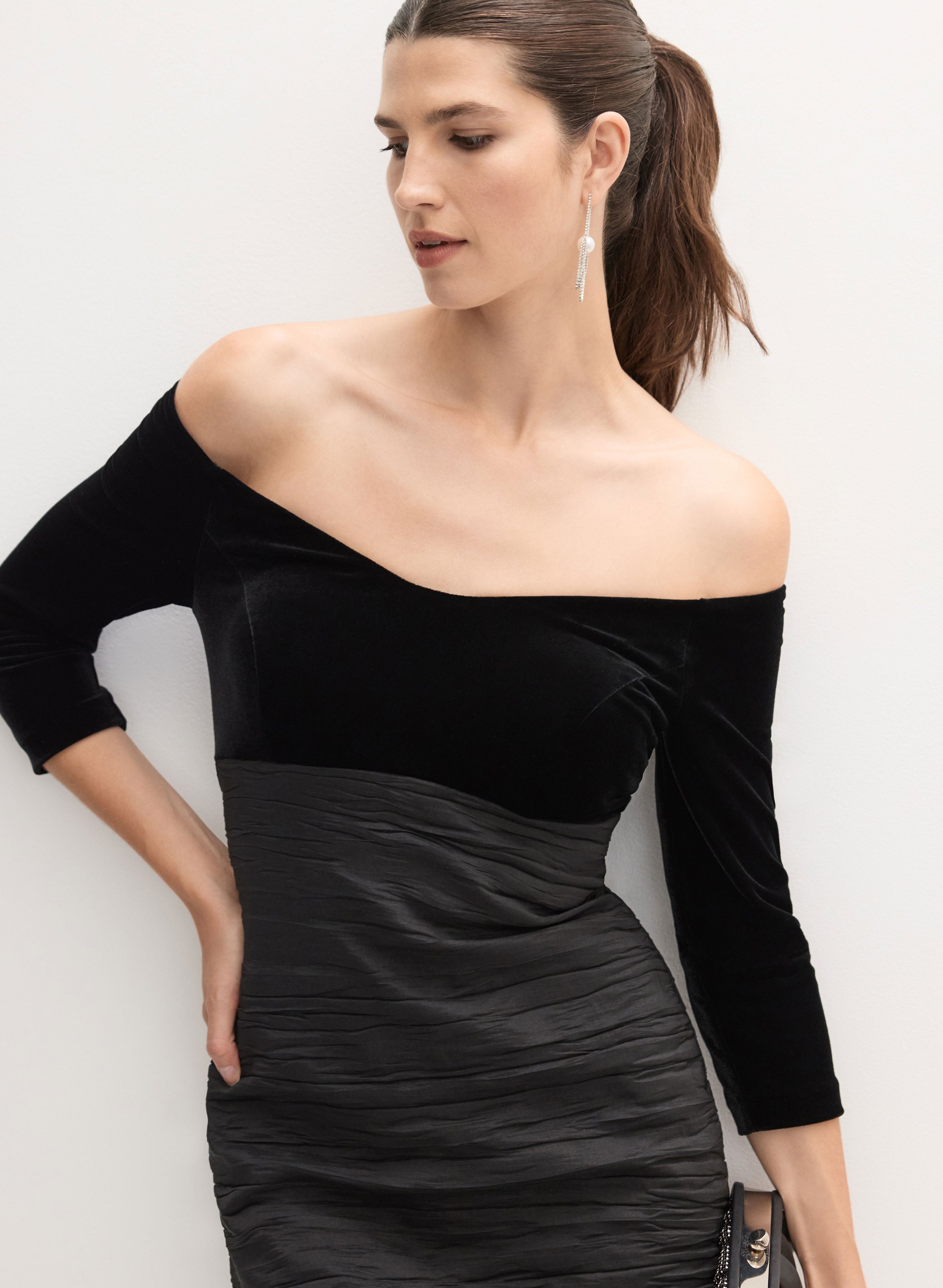 ambiance midi dress in black bardot Bardot Strap Detail Rib Panel Skater Midi Dress In Black | EGO US