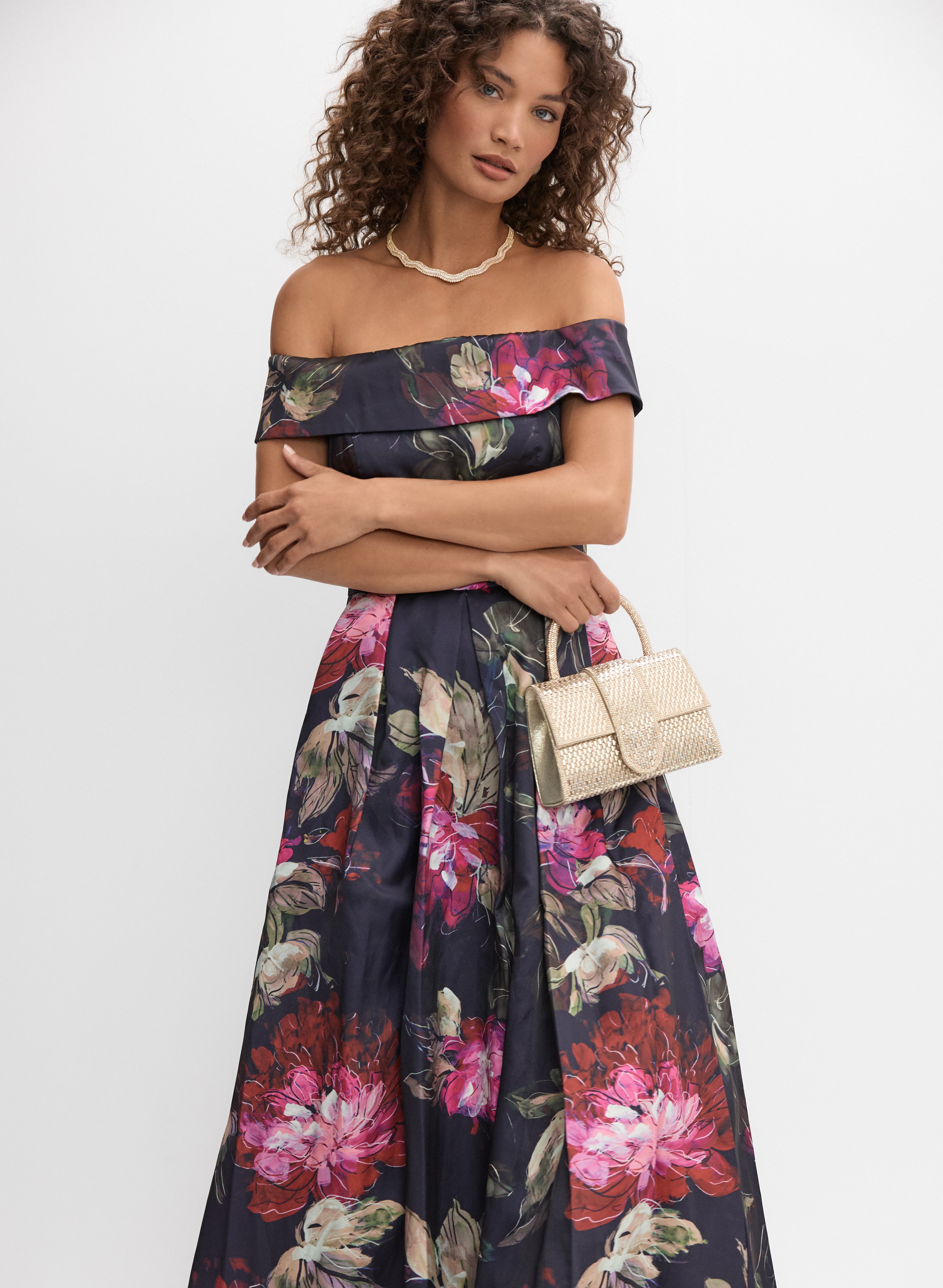 floral print off the shoulder dress Floral Off-Shoulder Gown