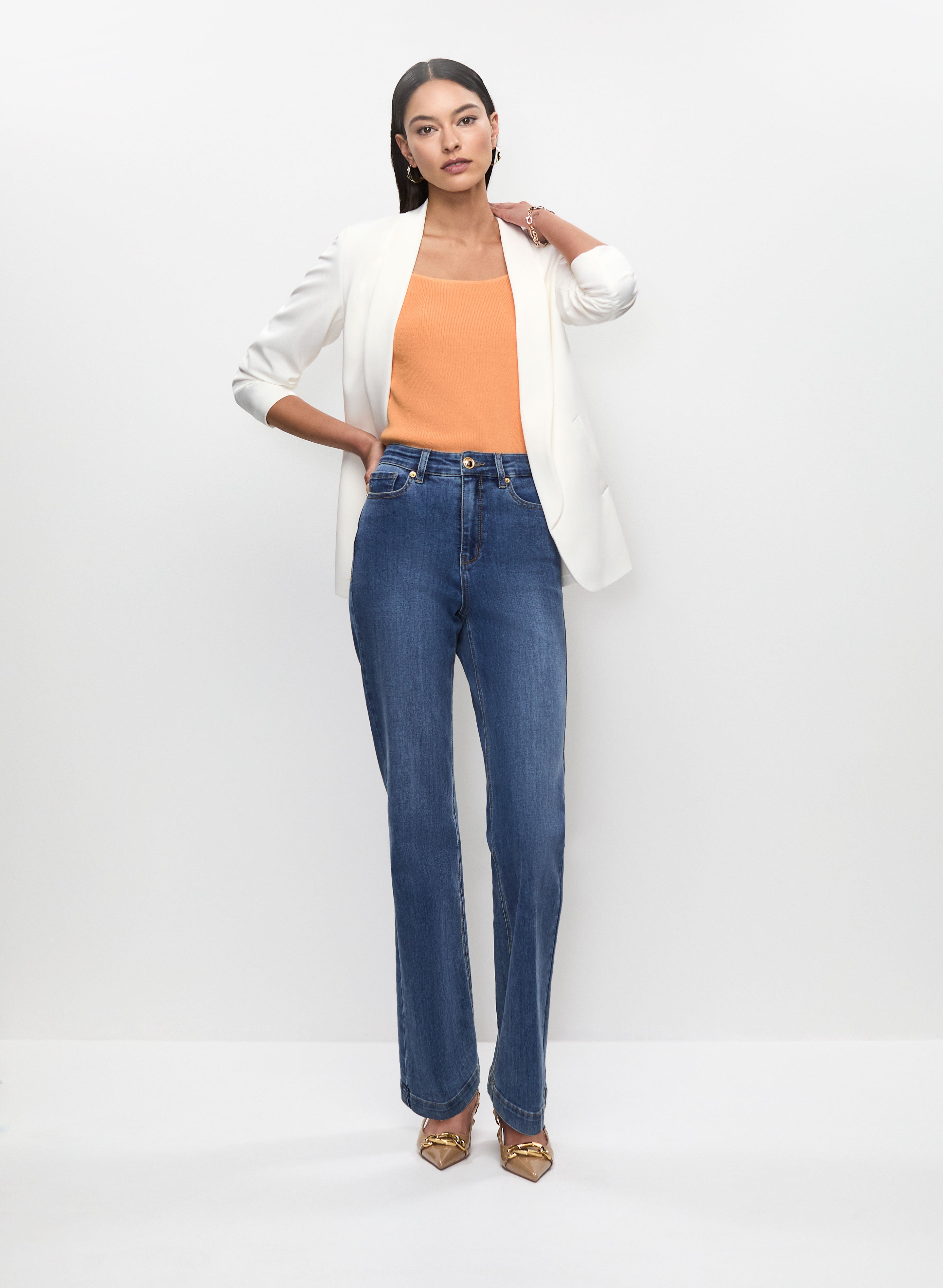 Ruched Sleeve Blazer & Wide Leg Trouser Jeans