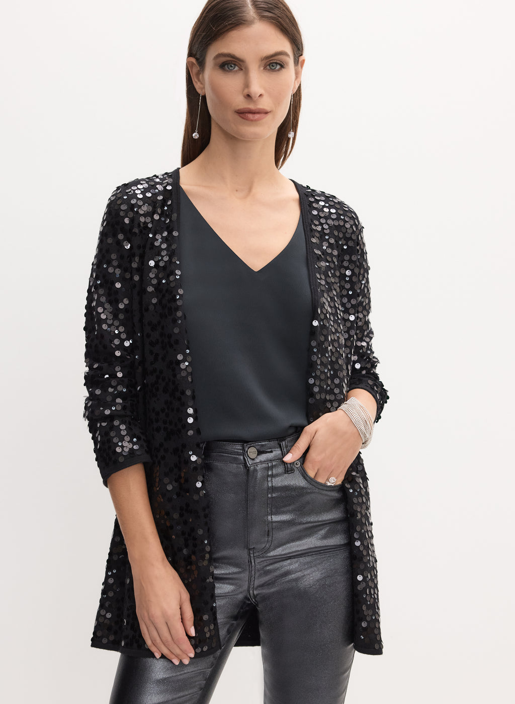 Rib Silk Sequin Cardigan in Black