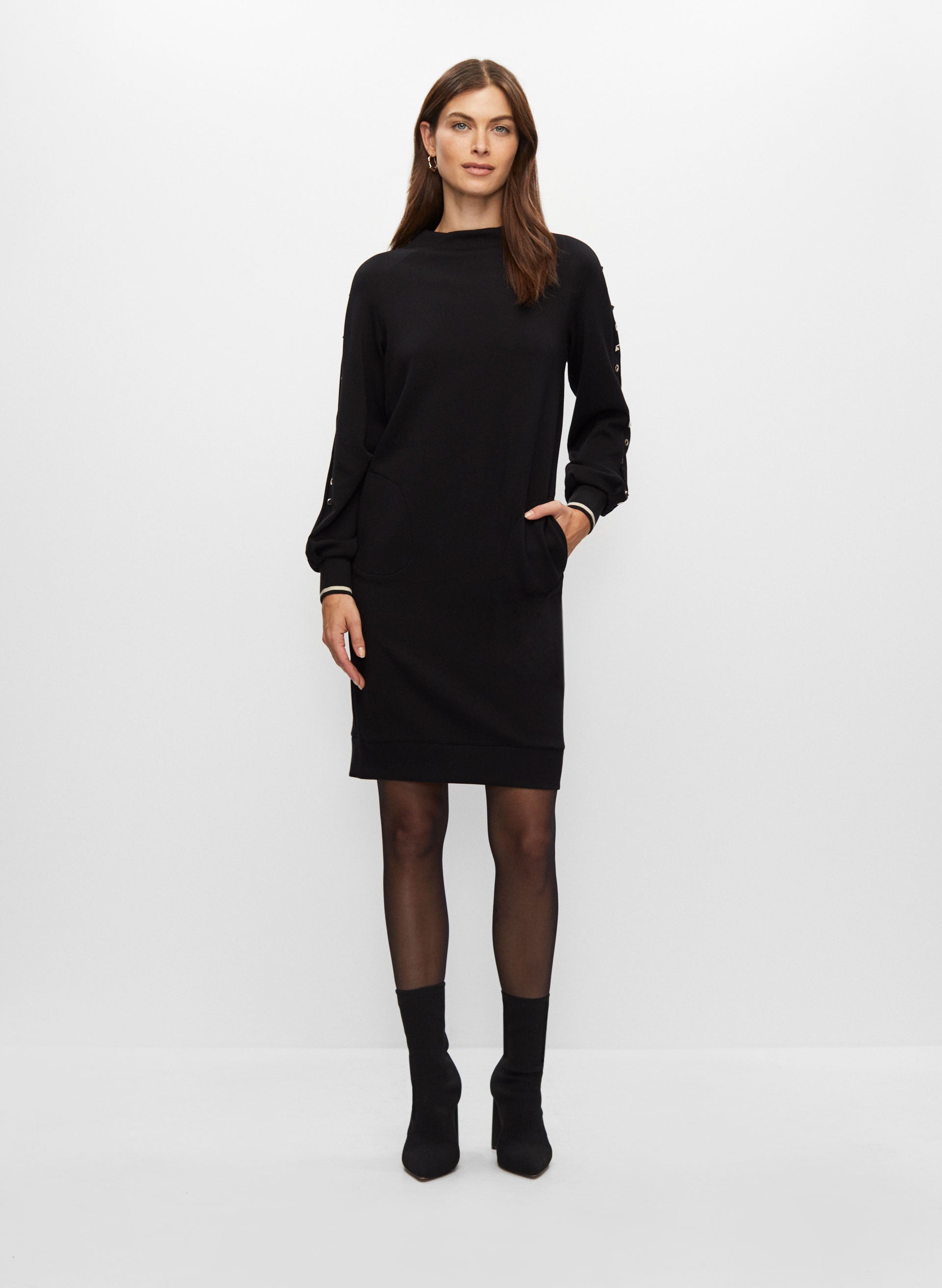 Melanie Lyne Women s Rayon Nylon Spandex Stud Detail Mock Neck Dress in Black Size Medium