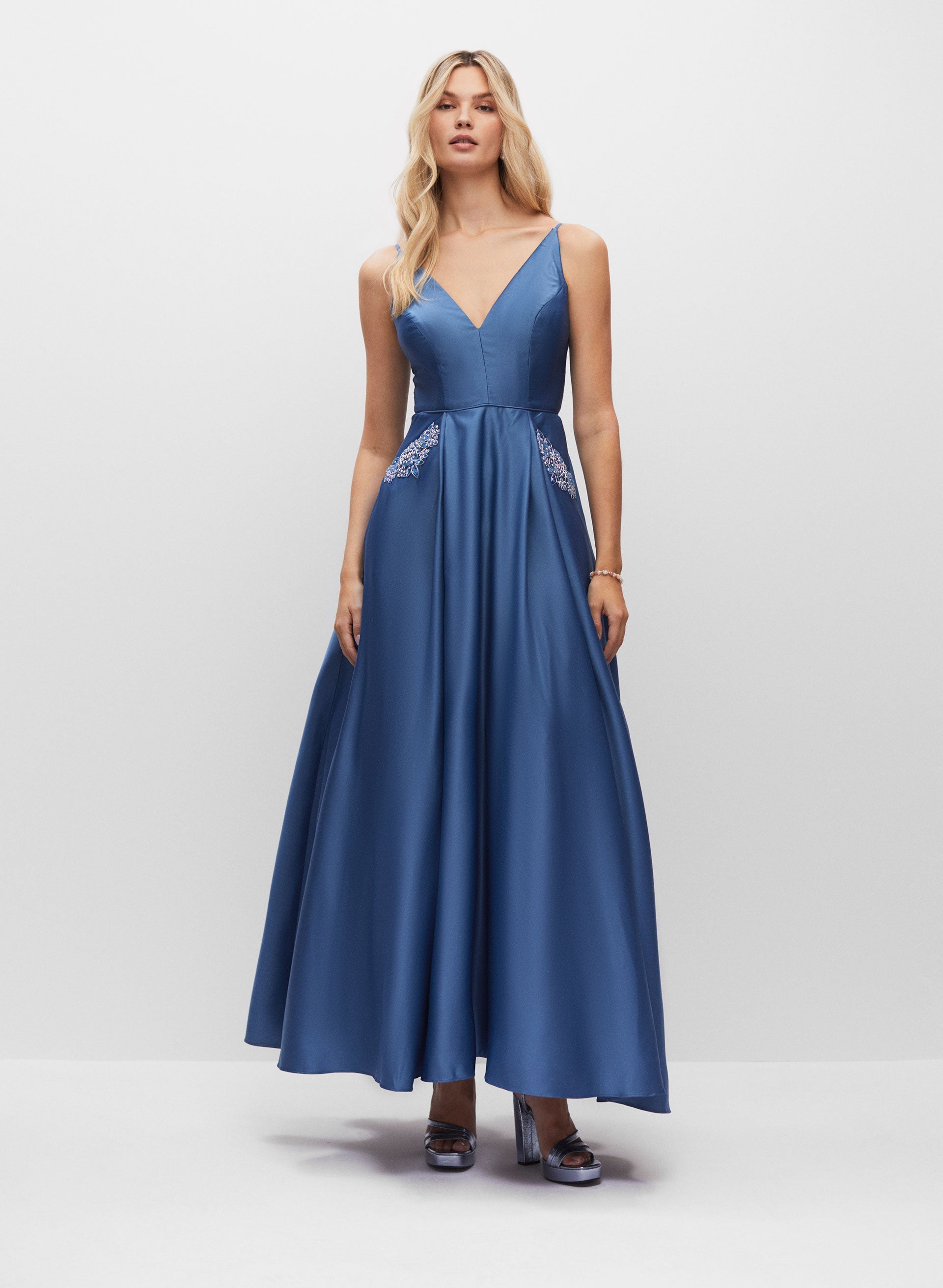 Blue satin evening gown discount