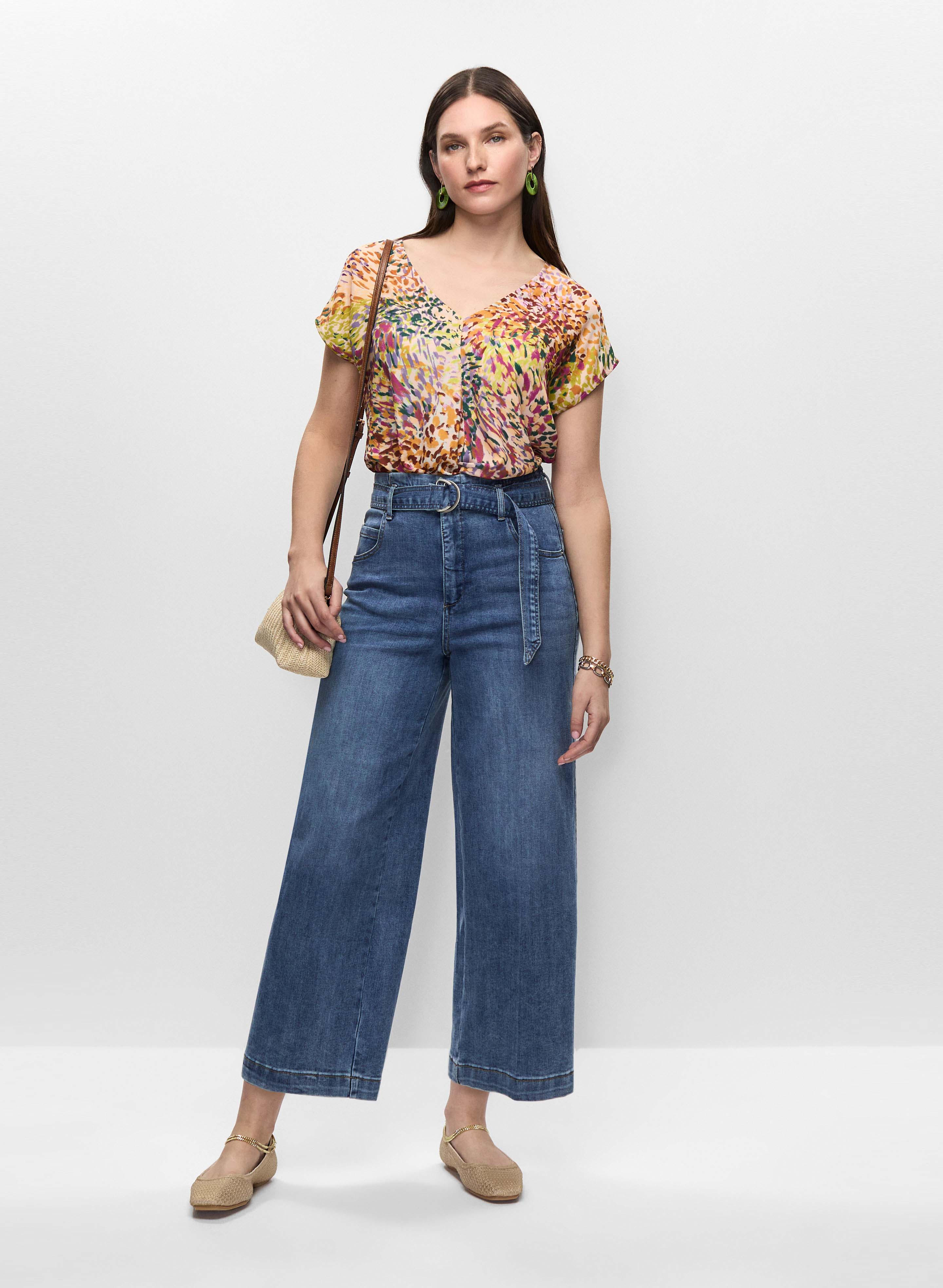 Printed Wrap-Style Top & Belted Culotte Jeans
