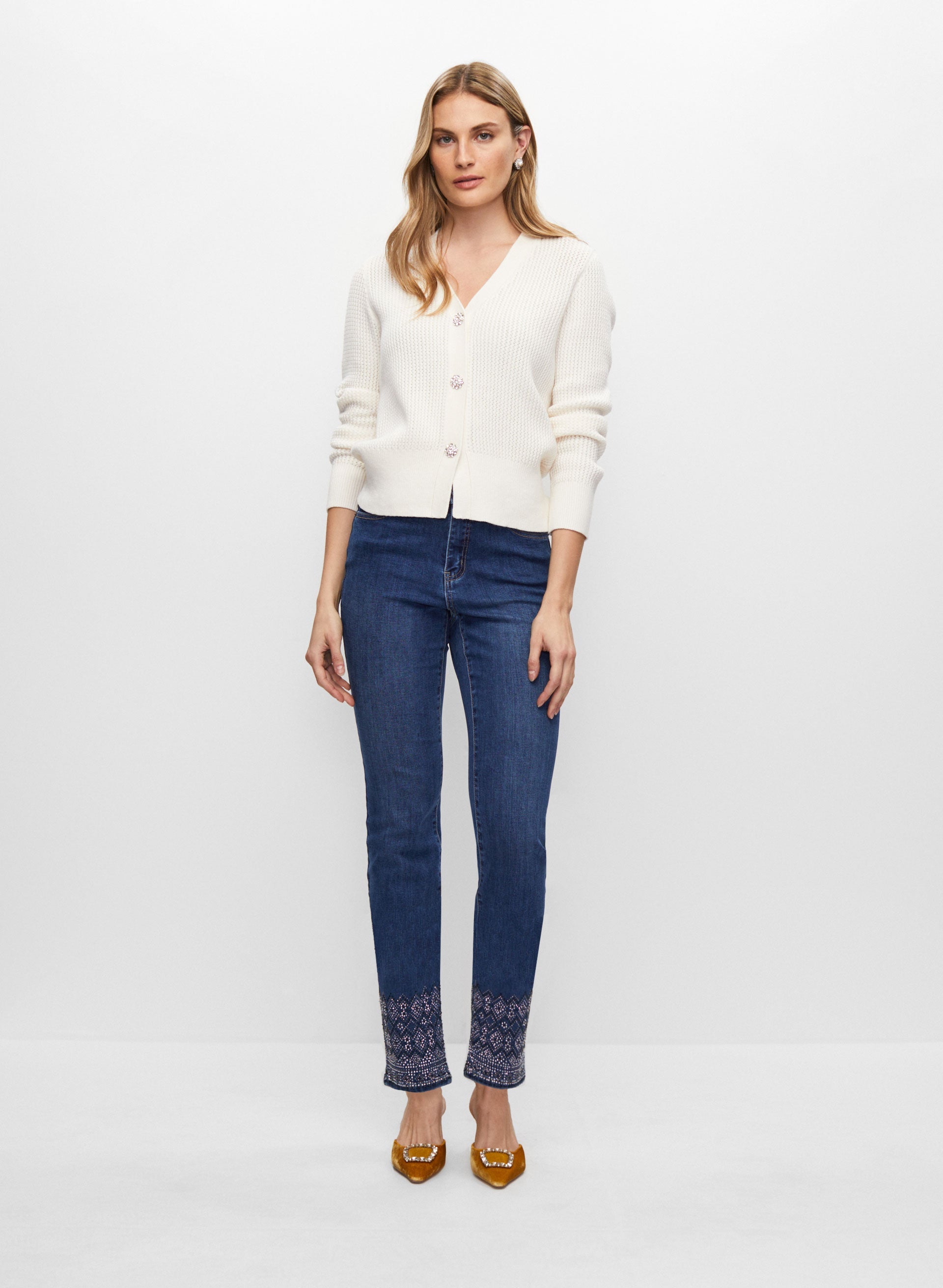 Embellished Jeans & Jewel Button Cardigan