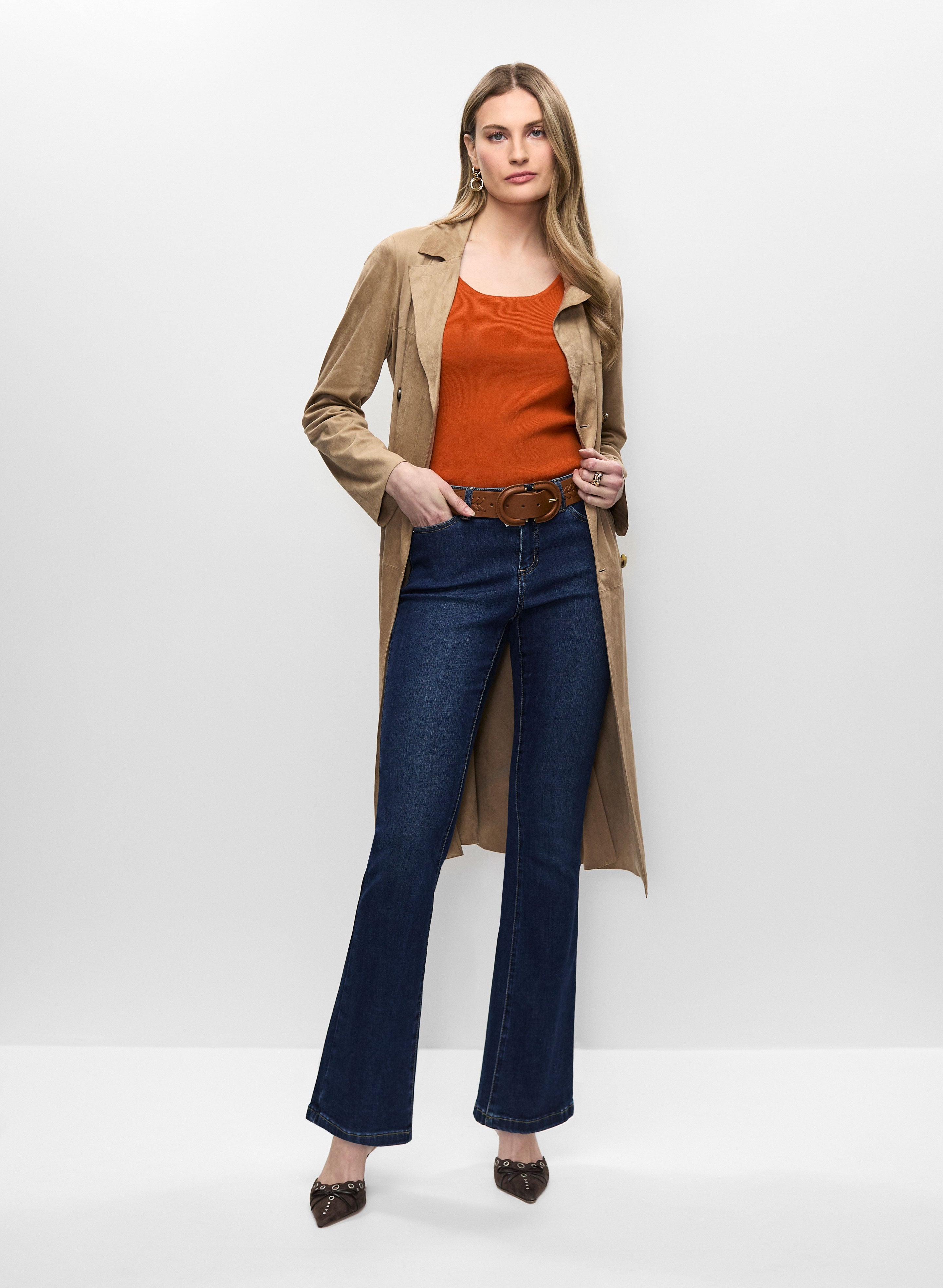 Faux Suede Trench & Flare Leg Jeans
