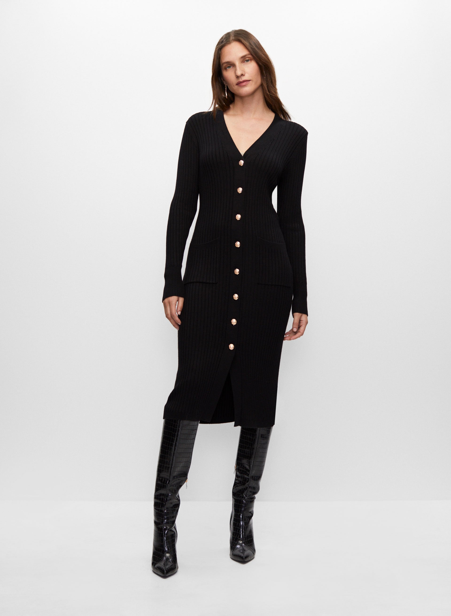 Button-Front Ribbed Midi Dress
