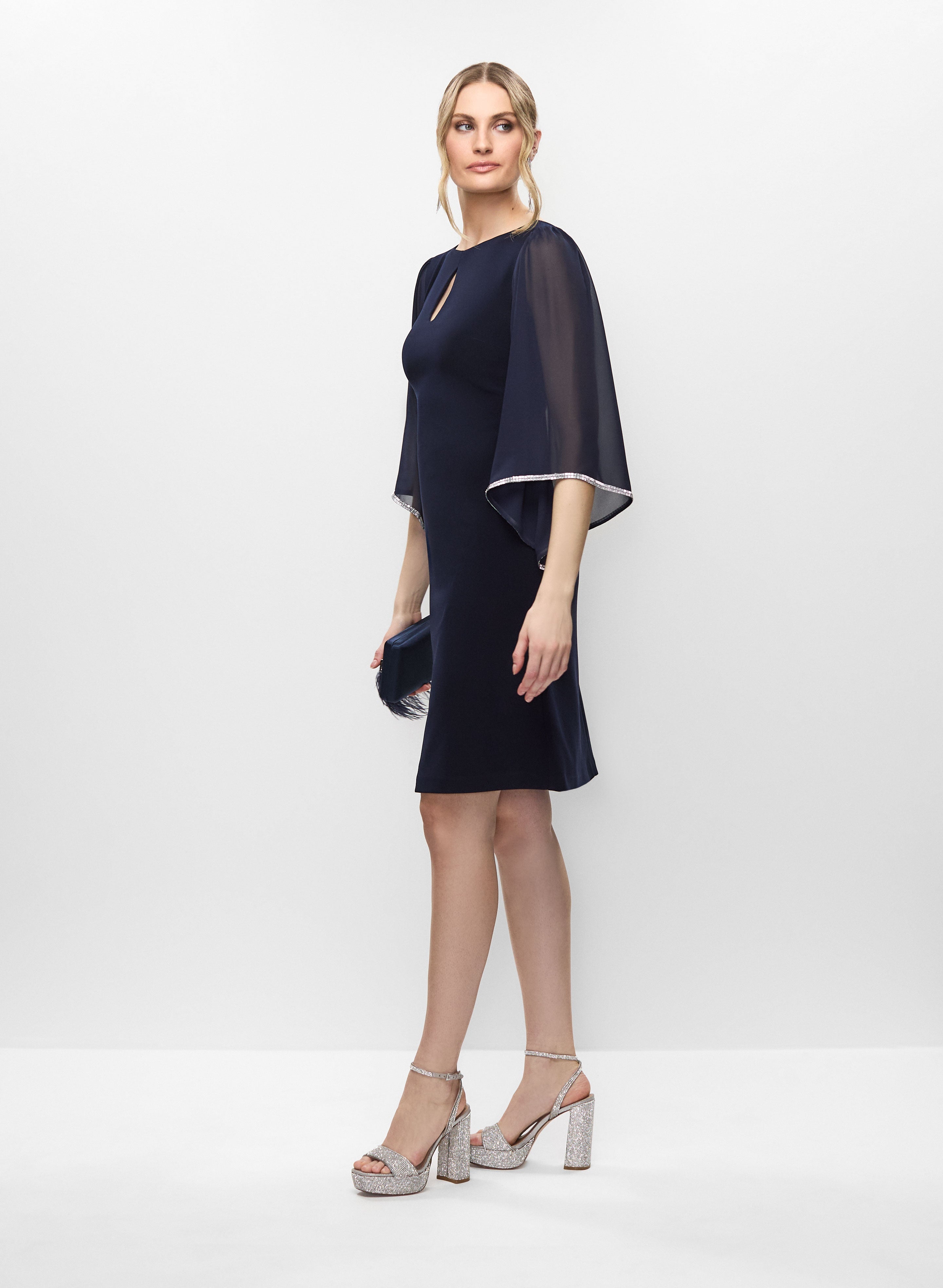 Joseph Ribkoff Navy Blue Dress Joseph Ribkoff- Foiled Knit Wrap Dress With Mesh Sleeve Floc Joseph Ribkoff Navy Blue Dress Joseph Ribkoff- Foiled Knit Wrap Dress With Mesh Sleeve Floc