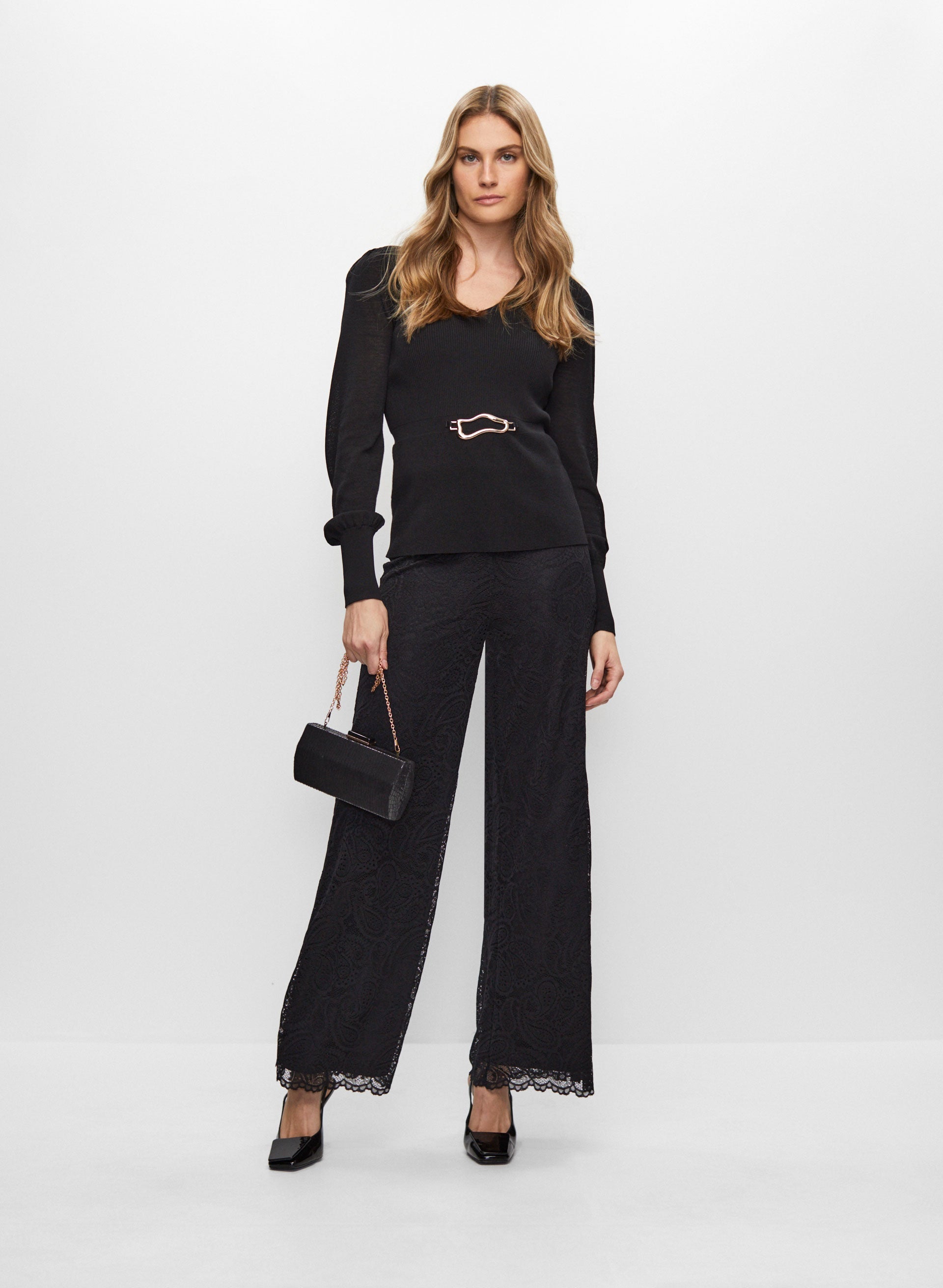 Belted Peplum Top & Lace Pants