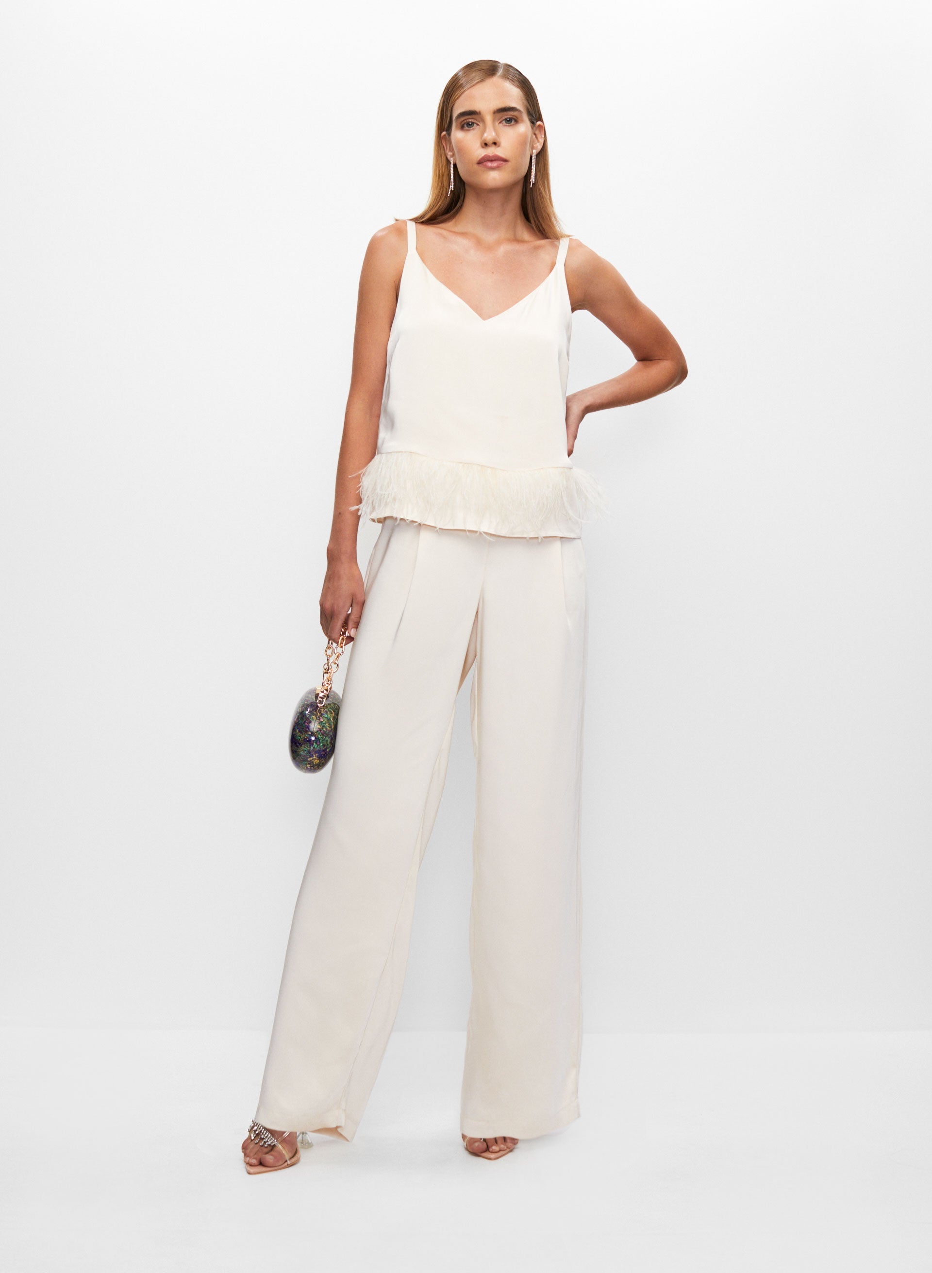 Feather Detail Top & Wide Leg Pants