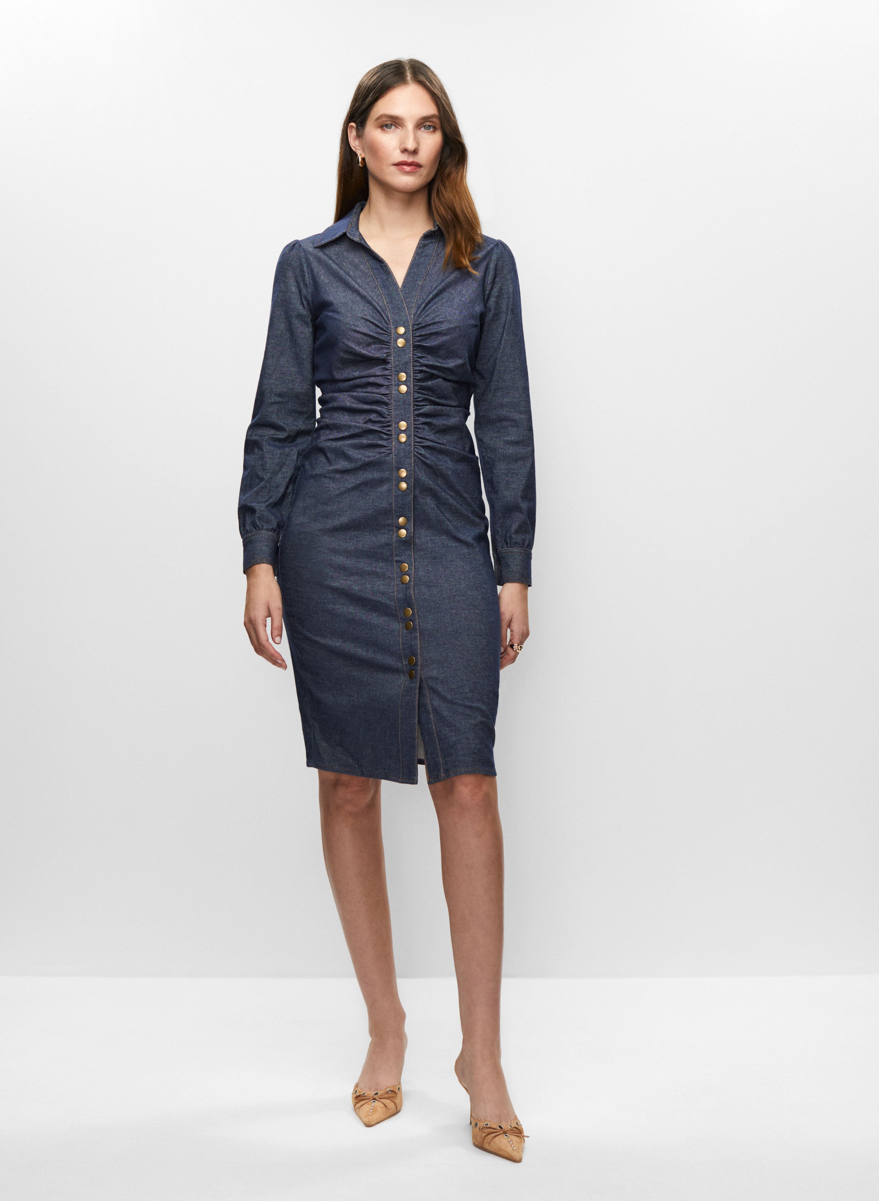 ruched denim dress Ruched Denim Dress & Chunky Earrings