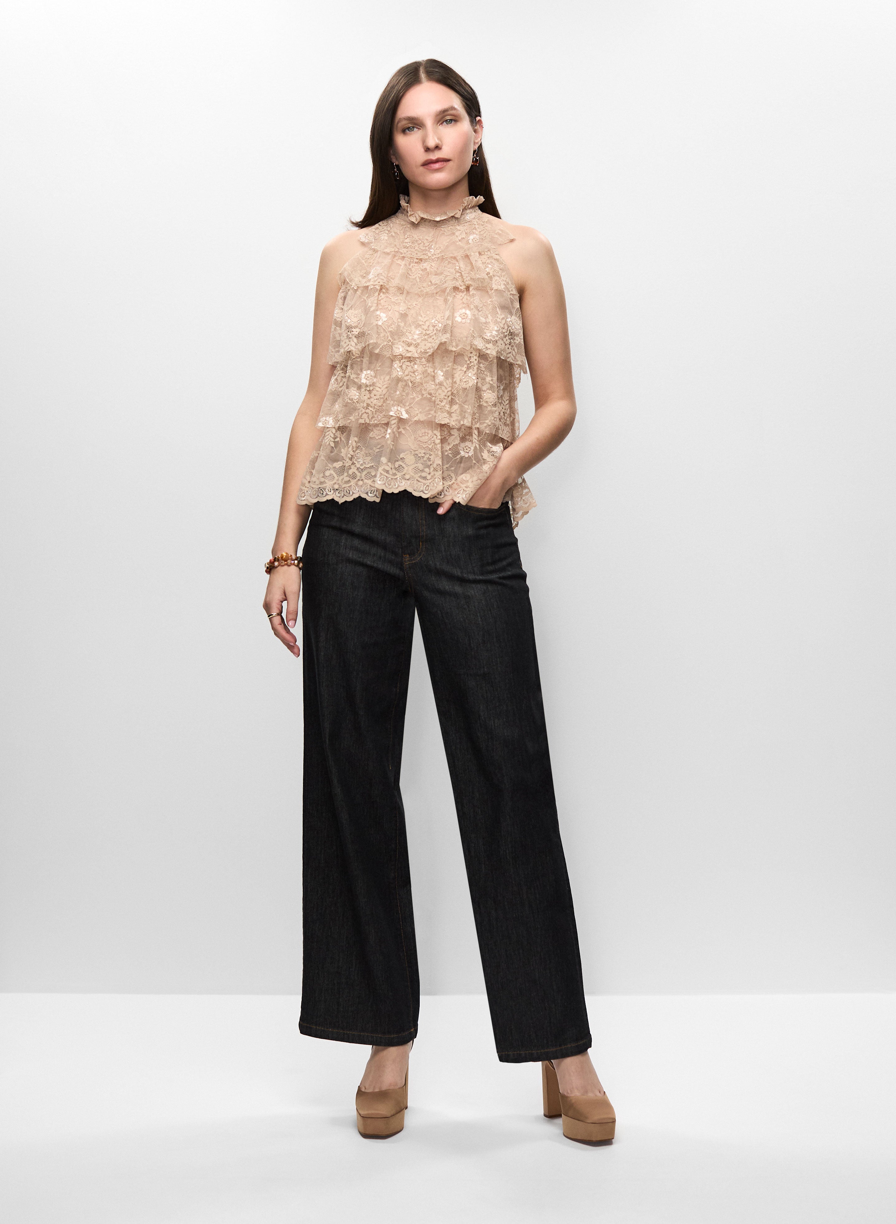 Tiered Lace Sleeveless Top & Wide Leg Jeans
