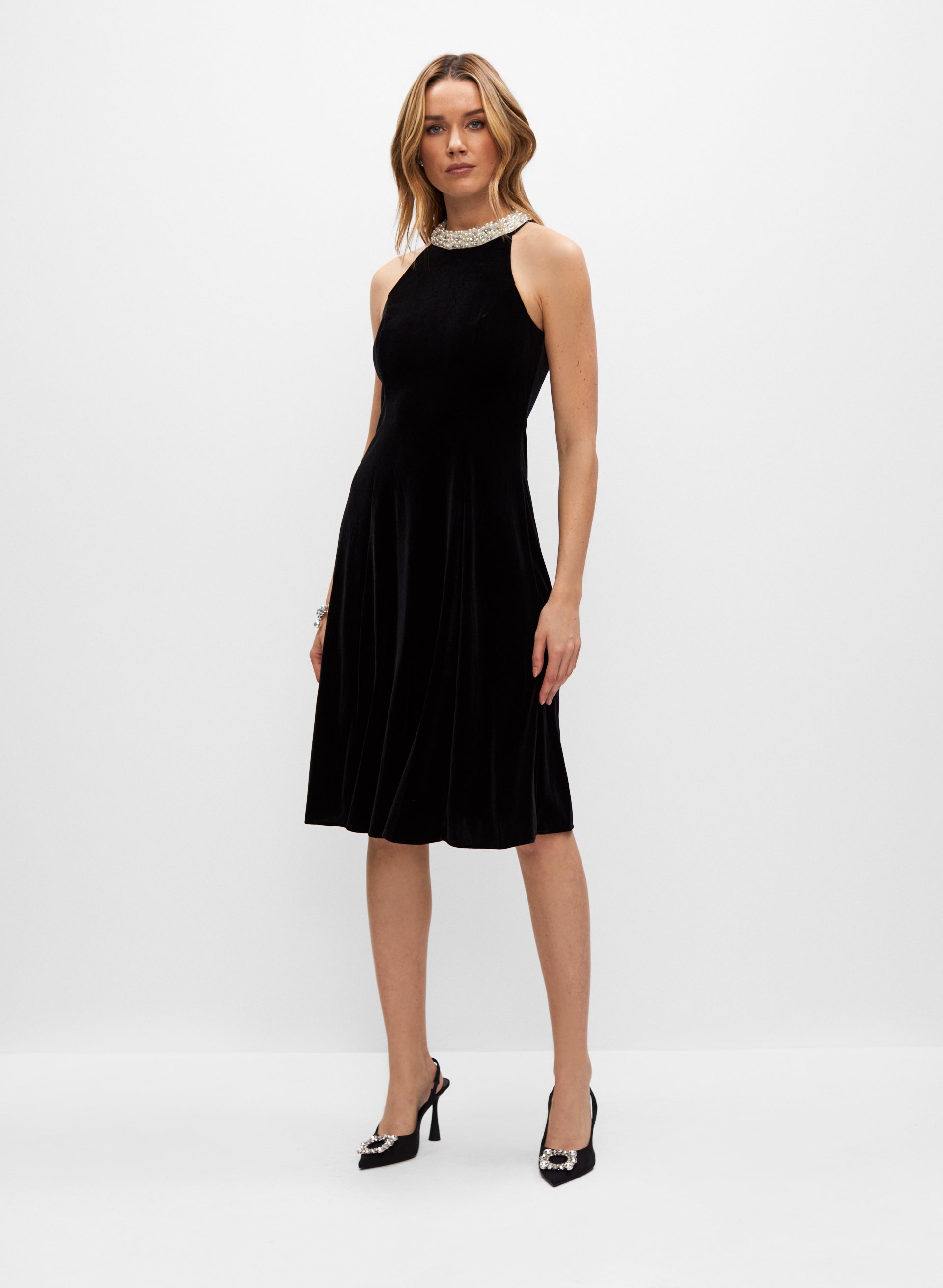 Adrianna Papell Velvet Pearl Neck Dress