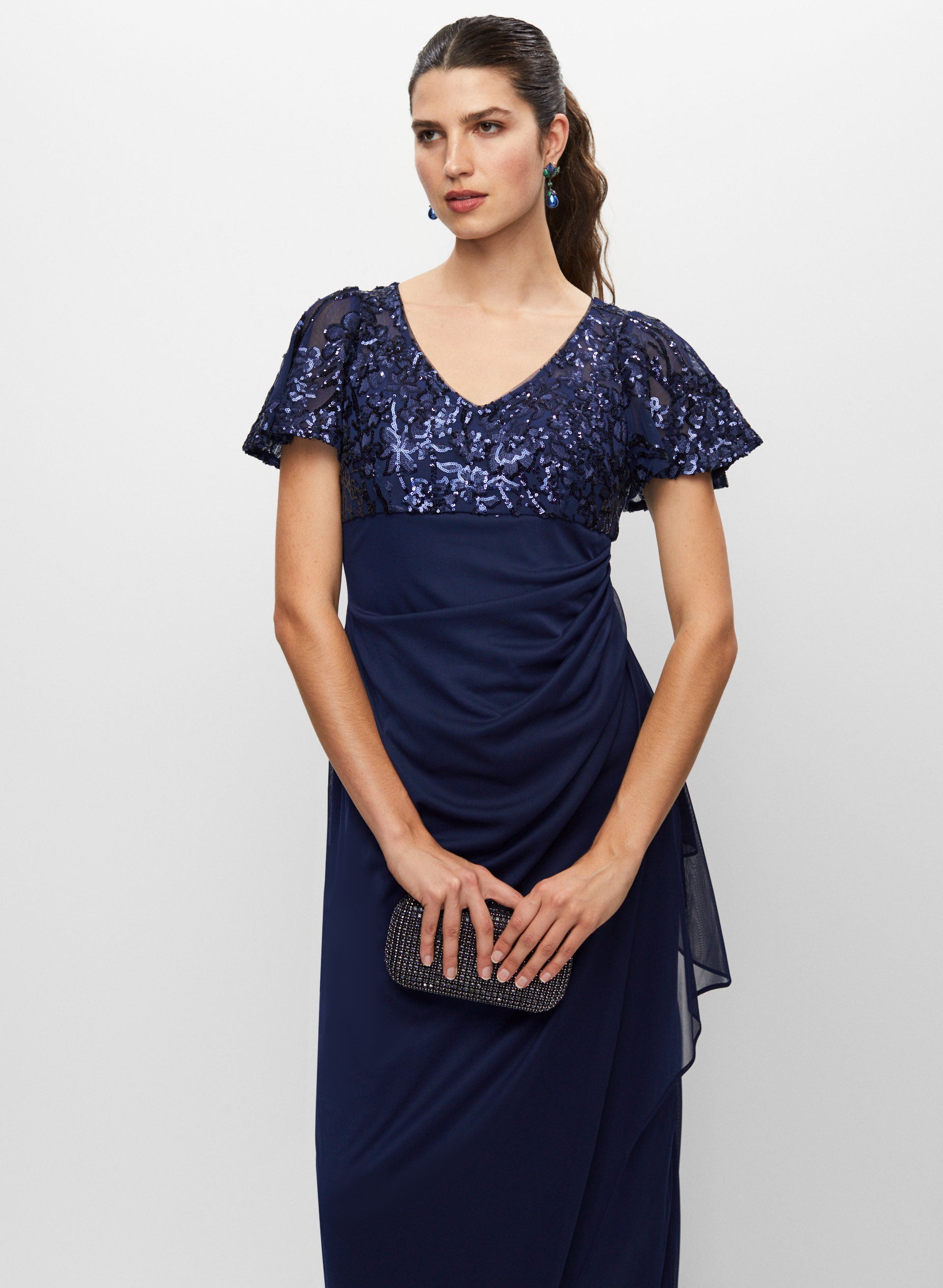 V Neck Sequin Chiffon Dress