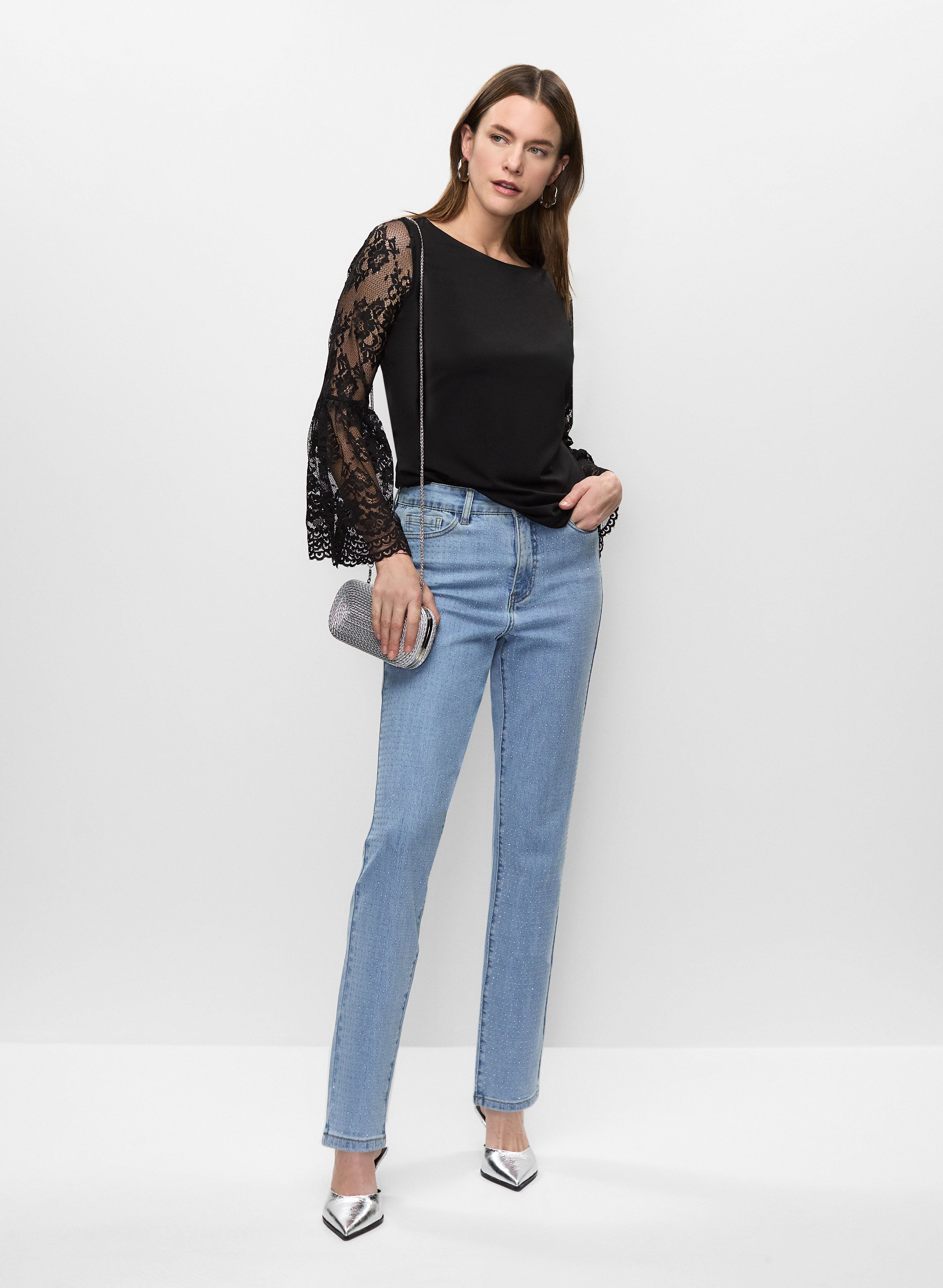 Lace Sleeve Top & Embellished Jeans