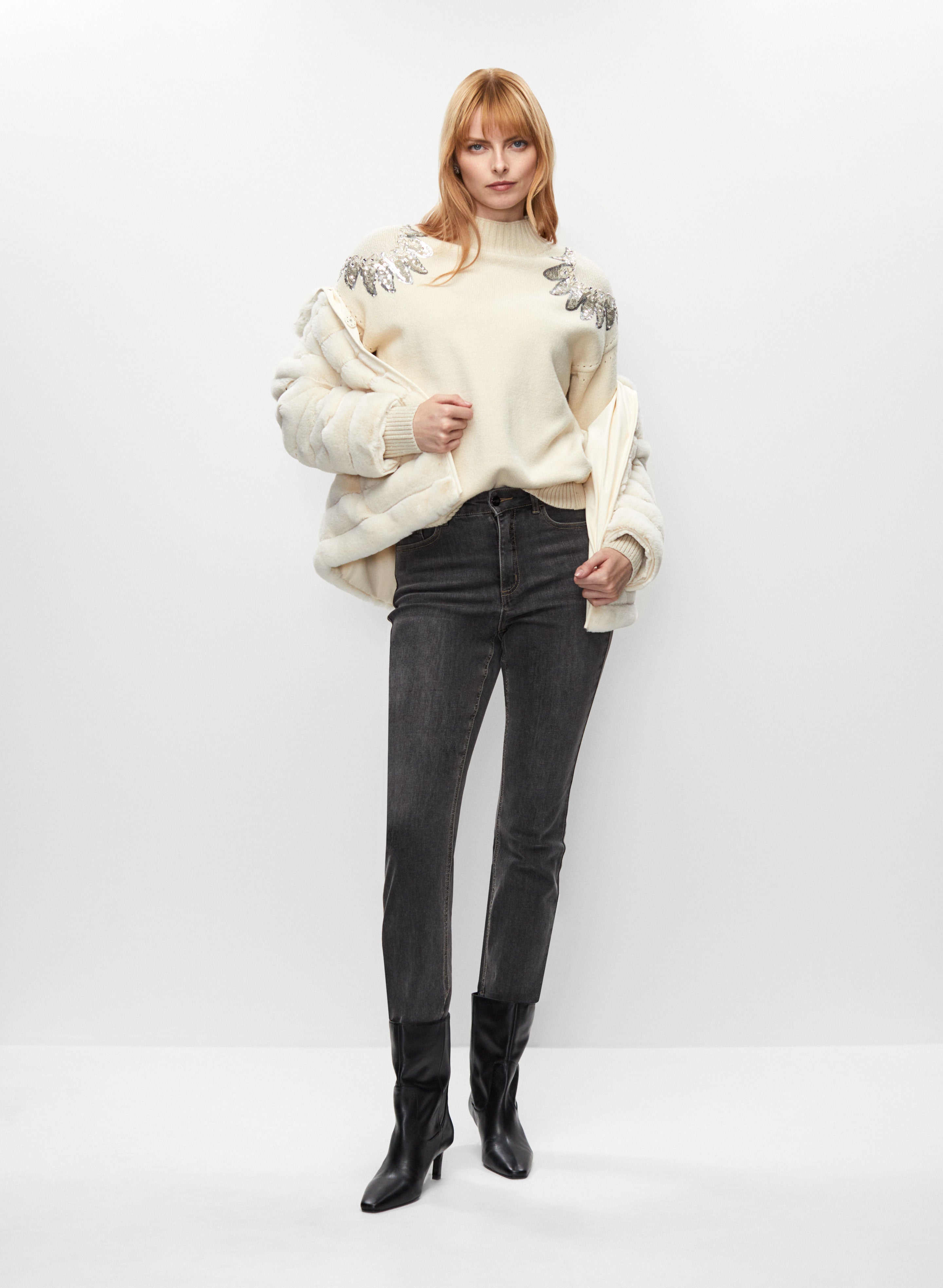 Vegan Fur Coat & Sequin Hem Jeans