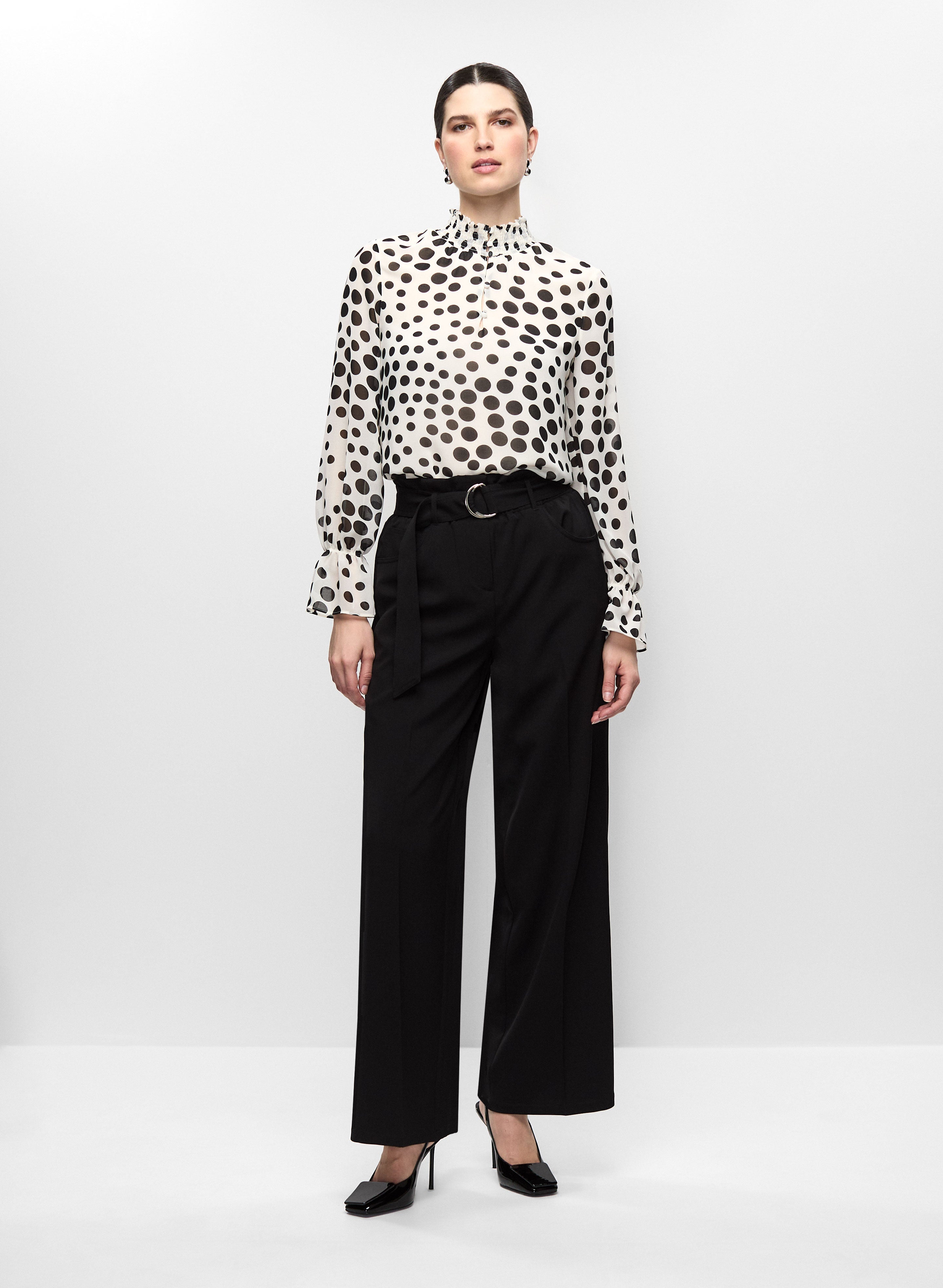Polka Dot Chiffon Blouse Belted Wide Leg Pants