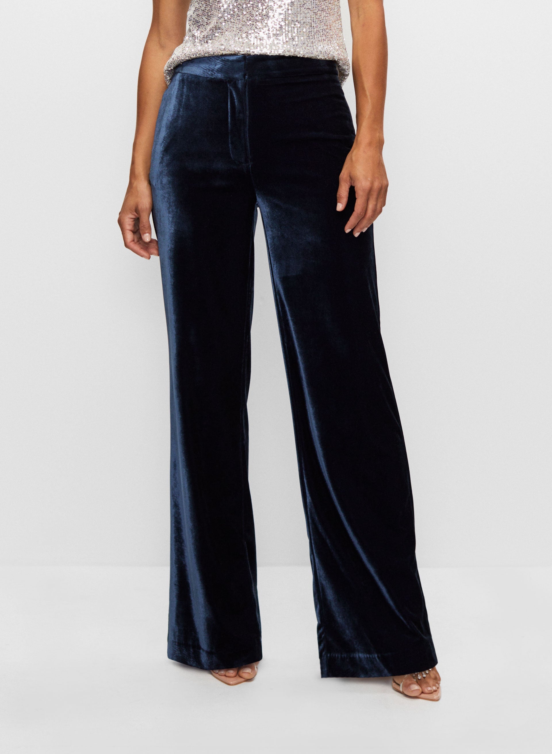 Blue velvet wide leg trousers top