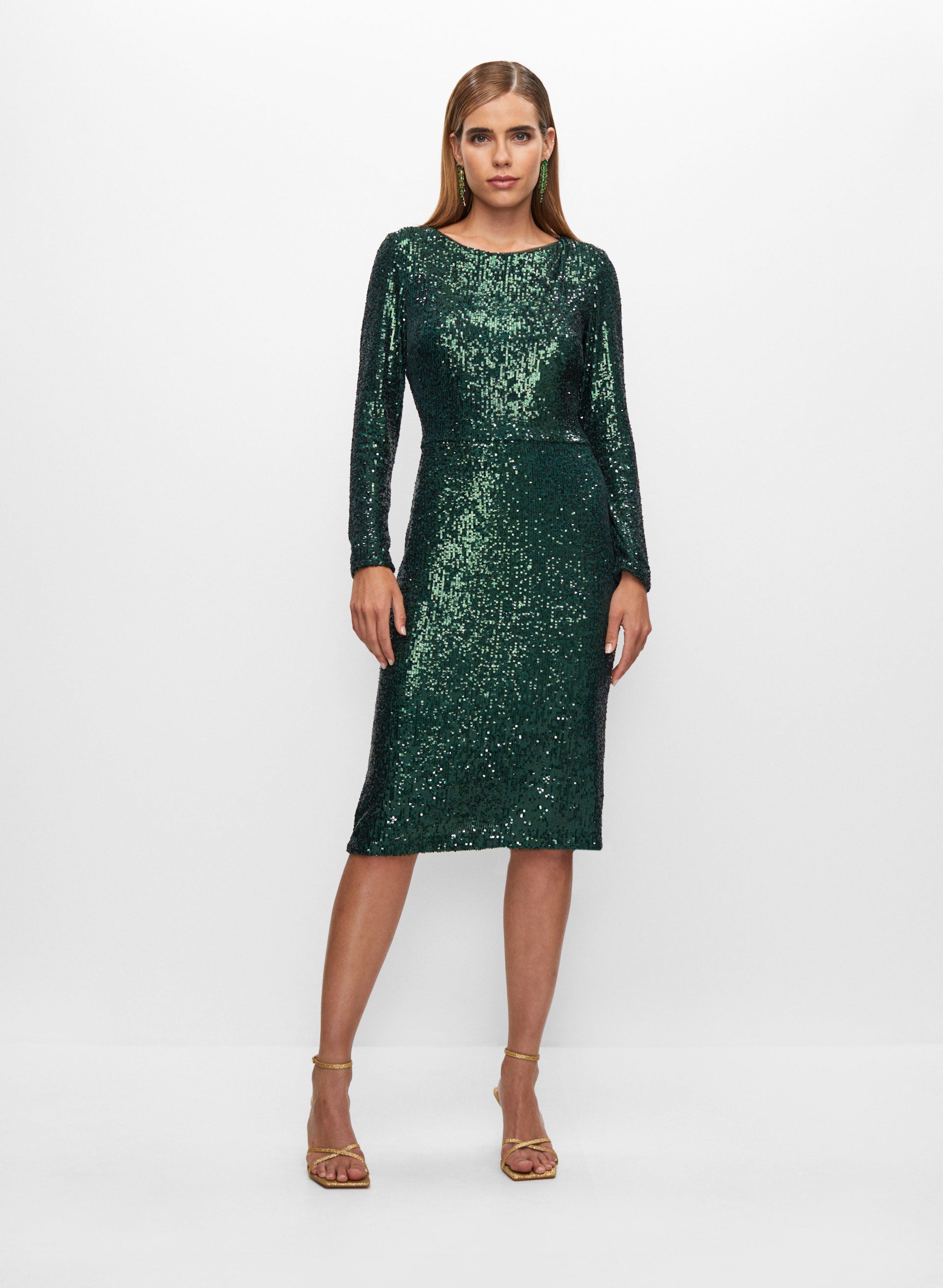 boat neck sequin dress Mercedes | Champagne Sequin Boat-Neck Mini Dress With Draped Detail And Open Back