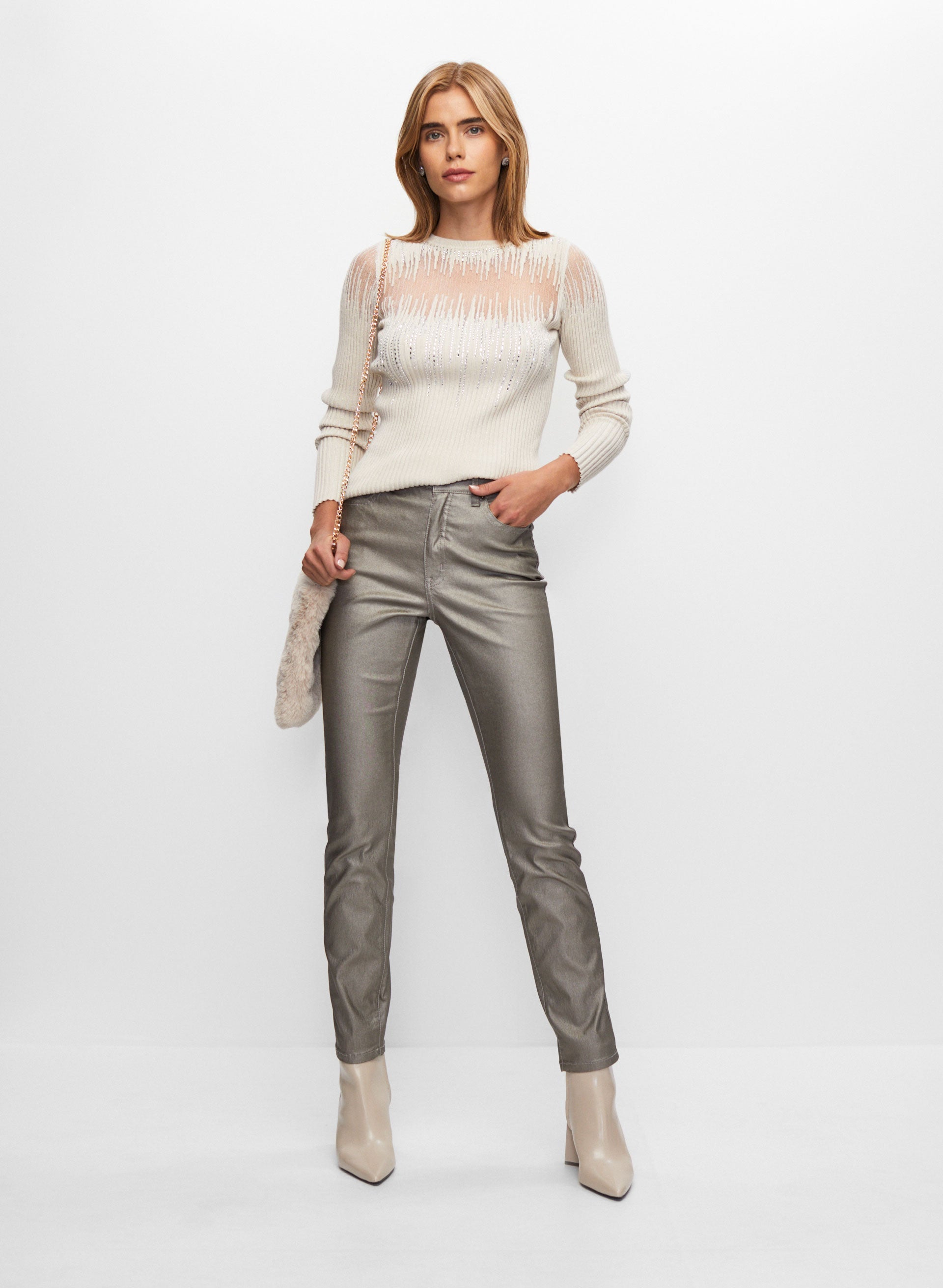 Sequined Sweater & Coated Jeans