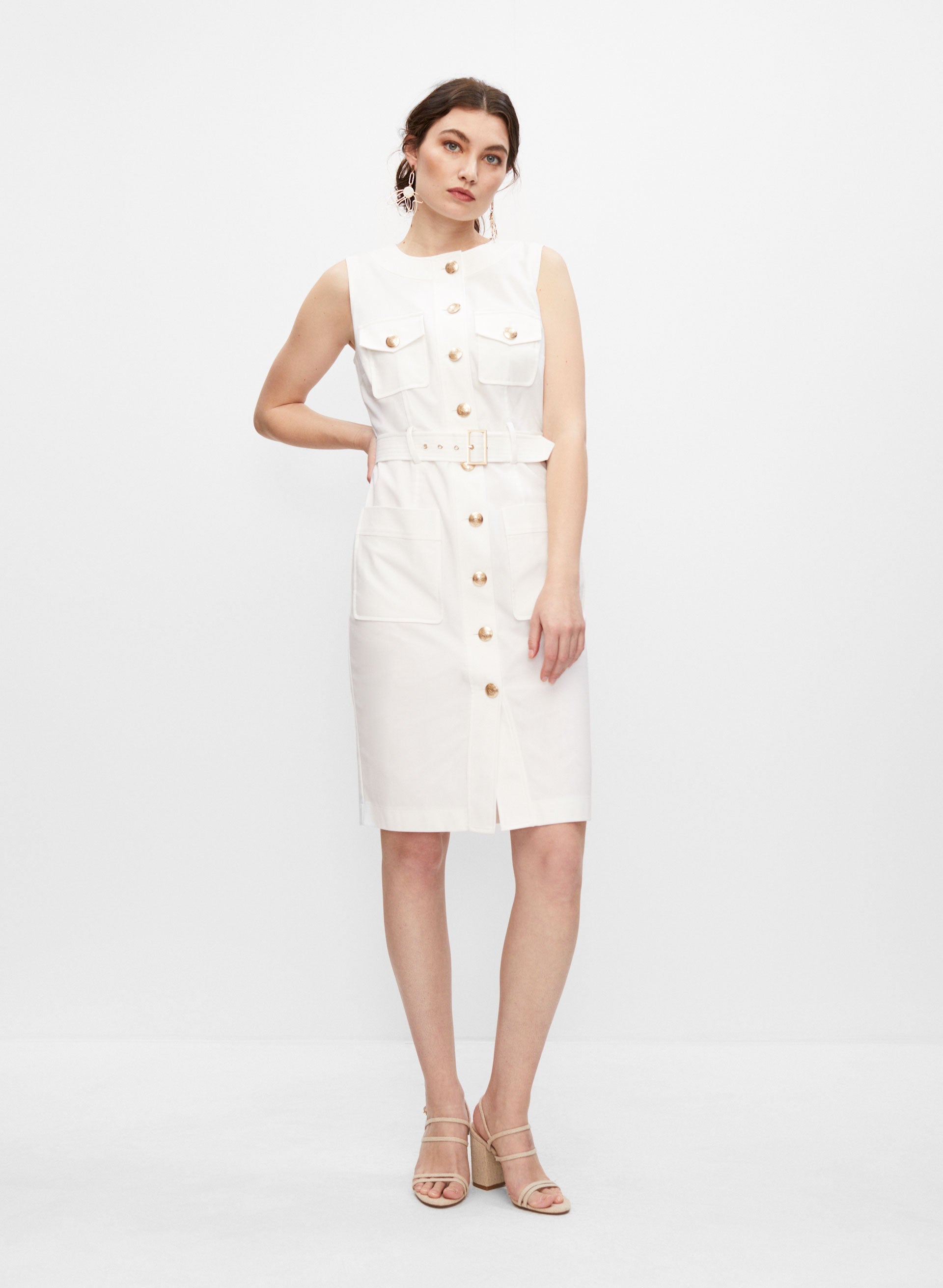Belted button front sheath dress clearance