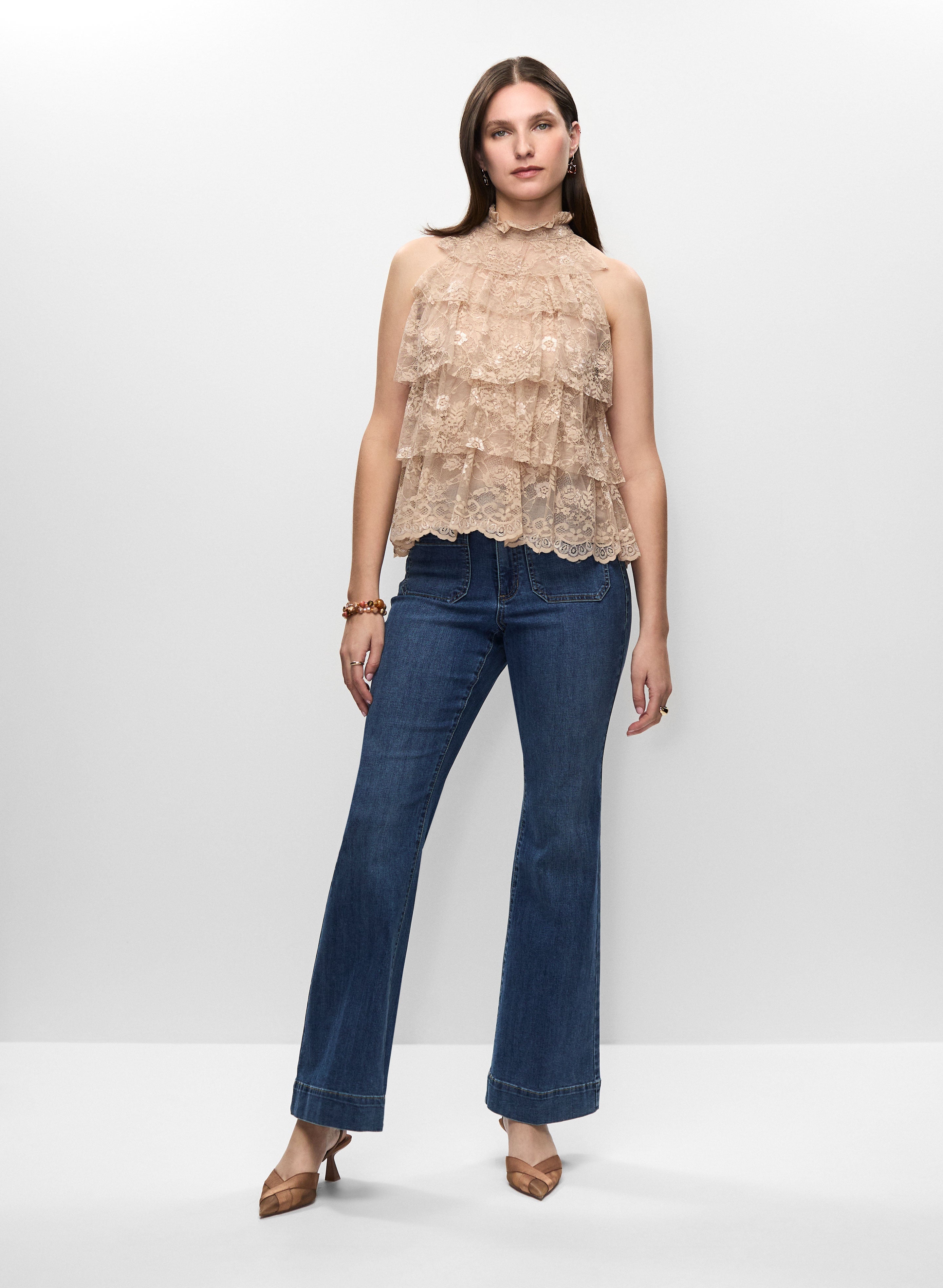 Tiered Lace Sleeveless Top & Flare Leg Jeans