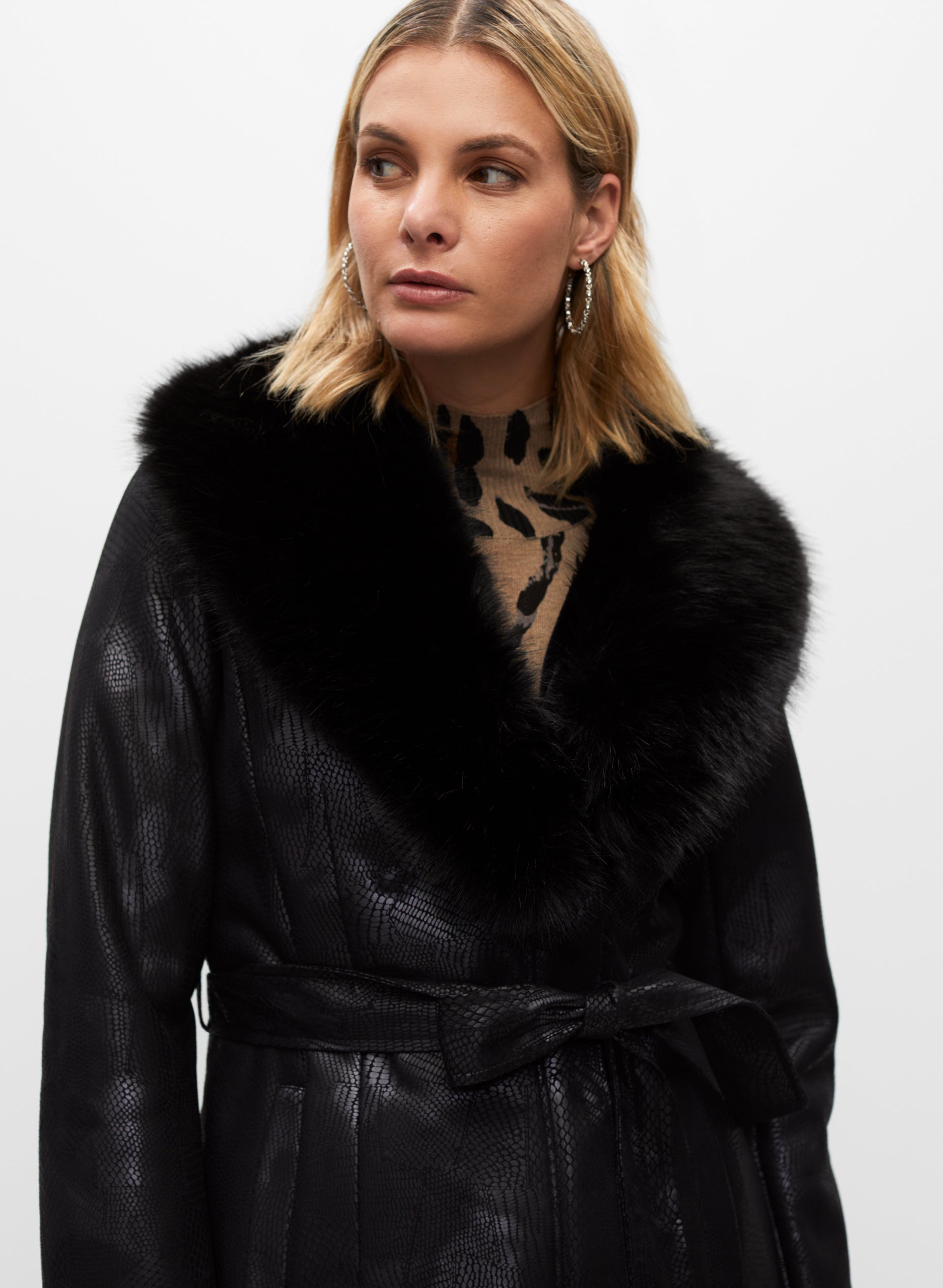 Black faux fur collar belted clearance coat