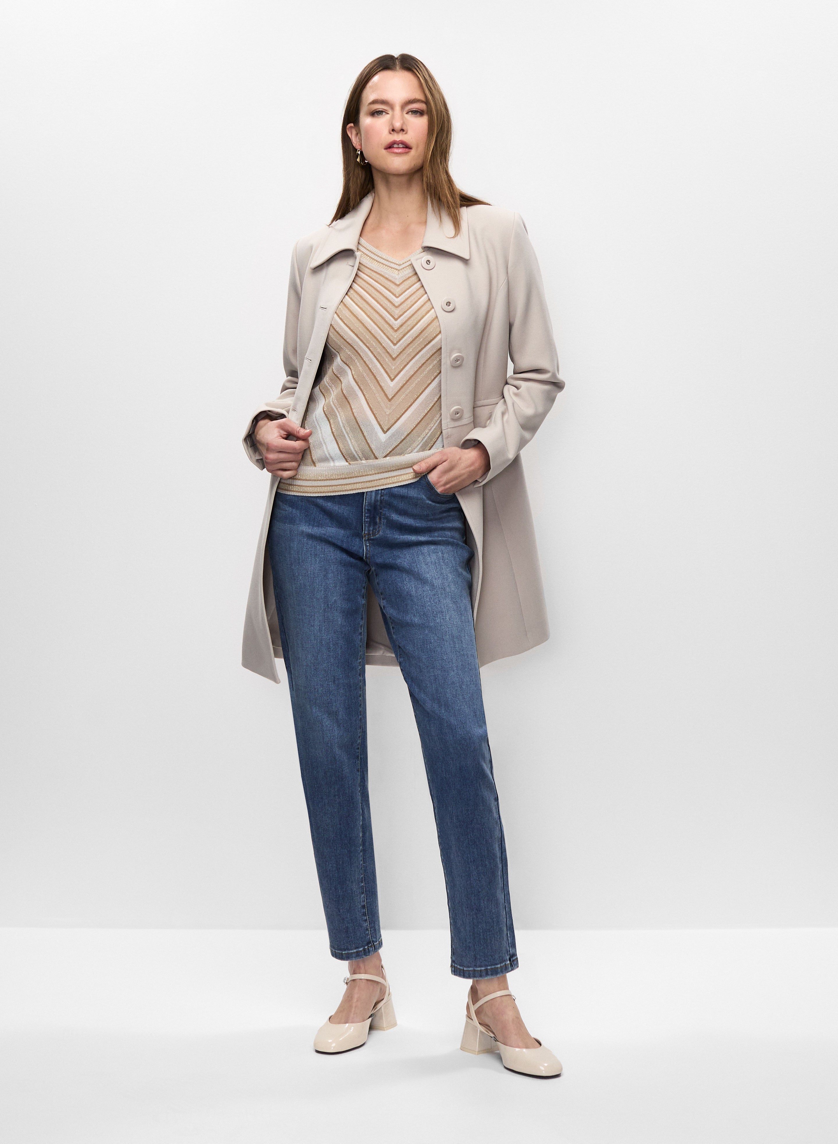 Tricotine Trench, Striped Knit & Straight Leg Jeans