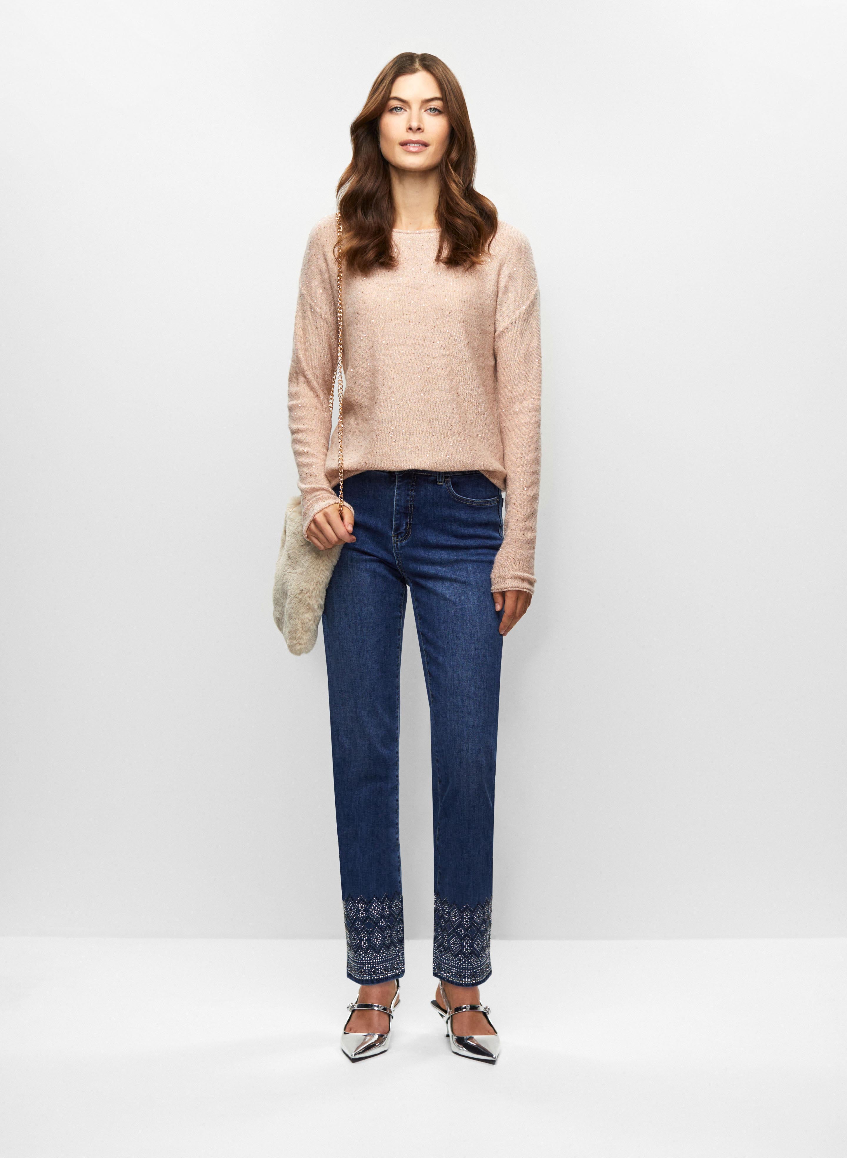 Sequin Detail Knit & Embroidered Jeans
