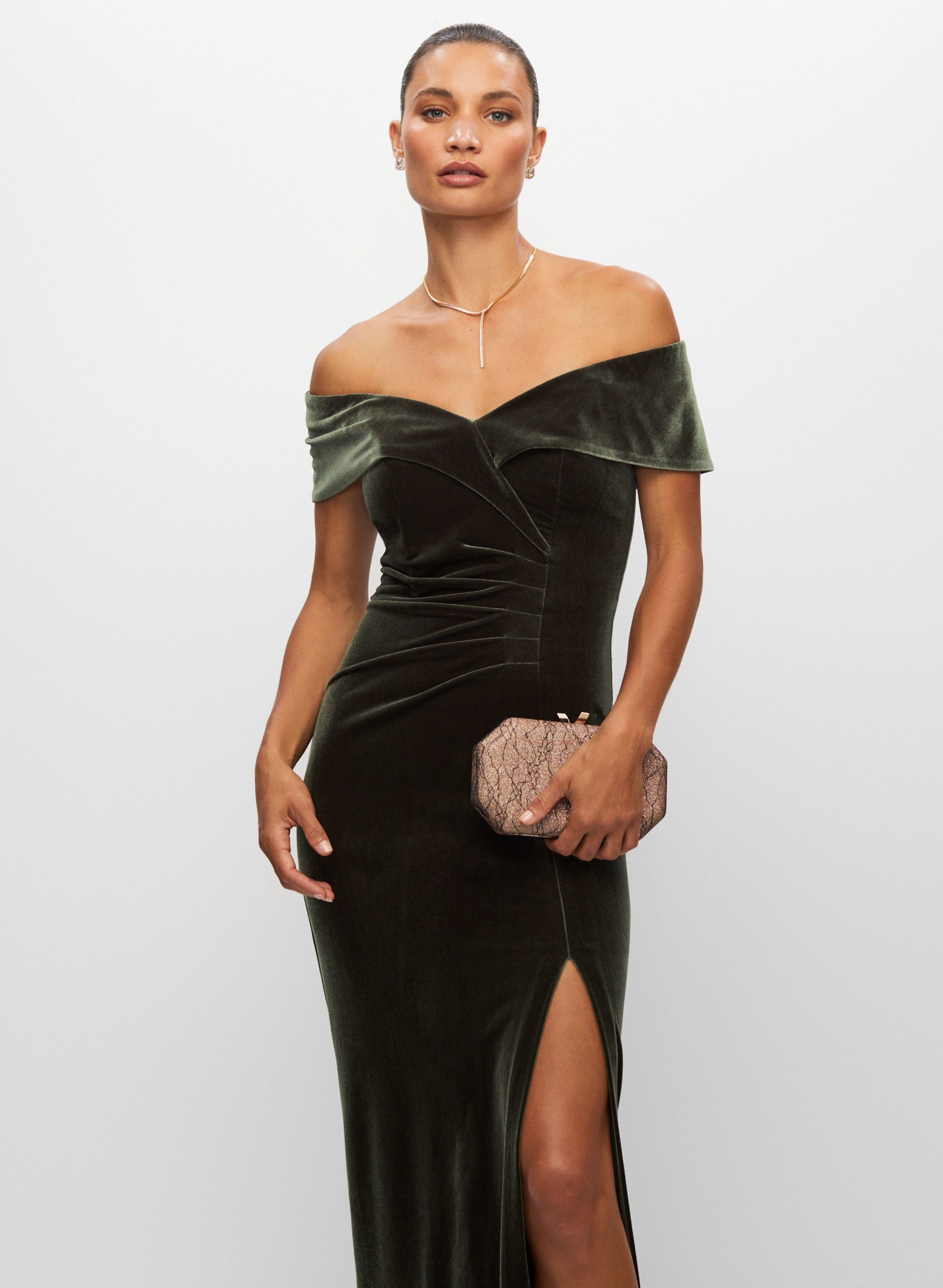 Velvet Off-the-Shoulder Beaded Sleeveless Dress With Slit Dark Green