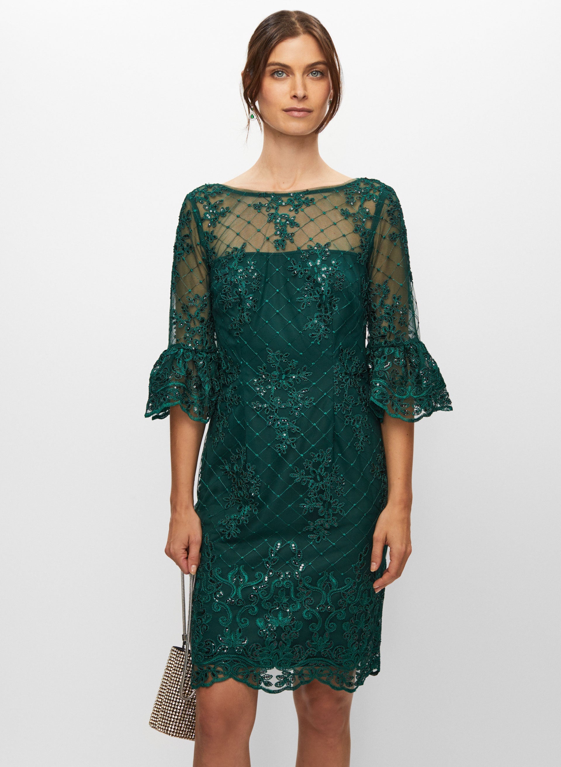 Adrianna Papell Embroidered Lace Ruffle Sleeve Dress