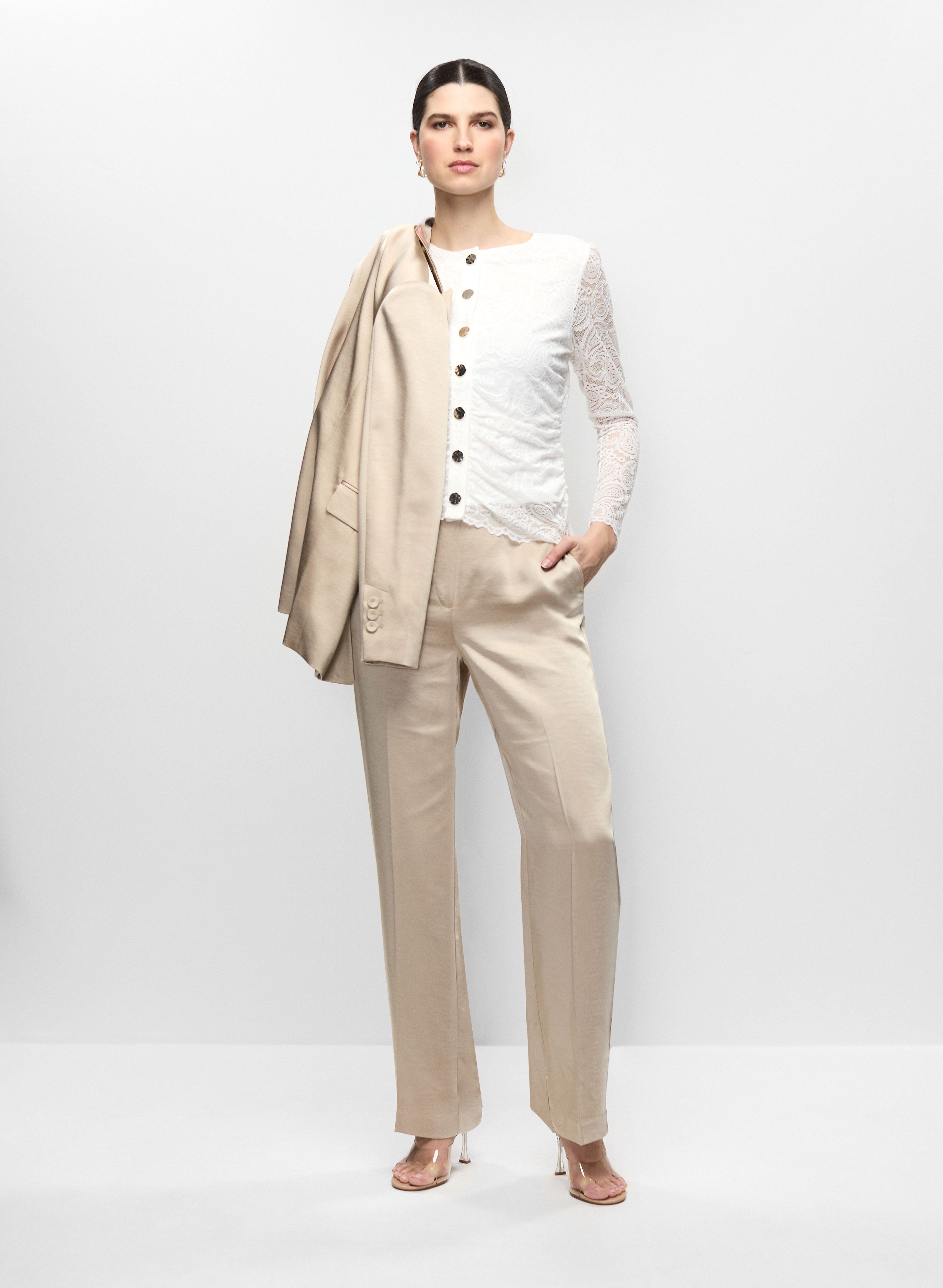 Satin Jacket, Lace Button Front Top & Satin Pants