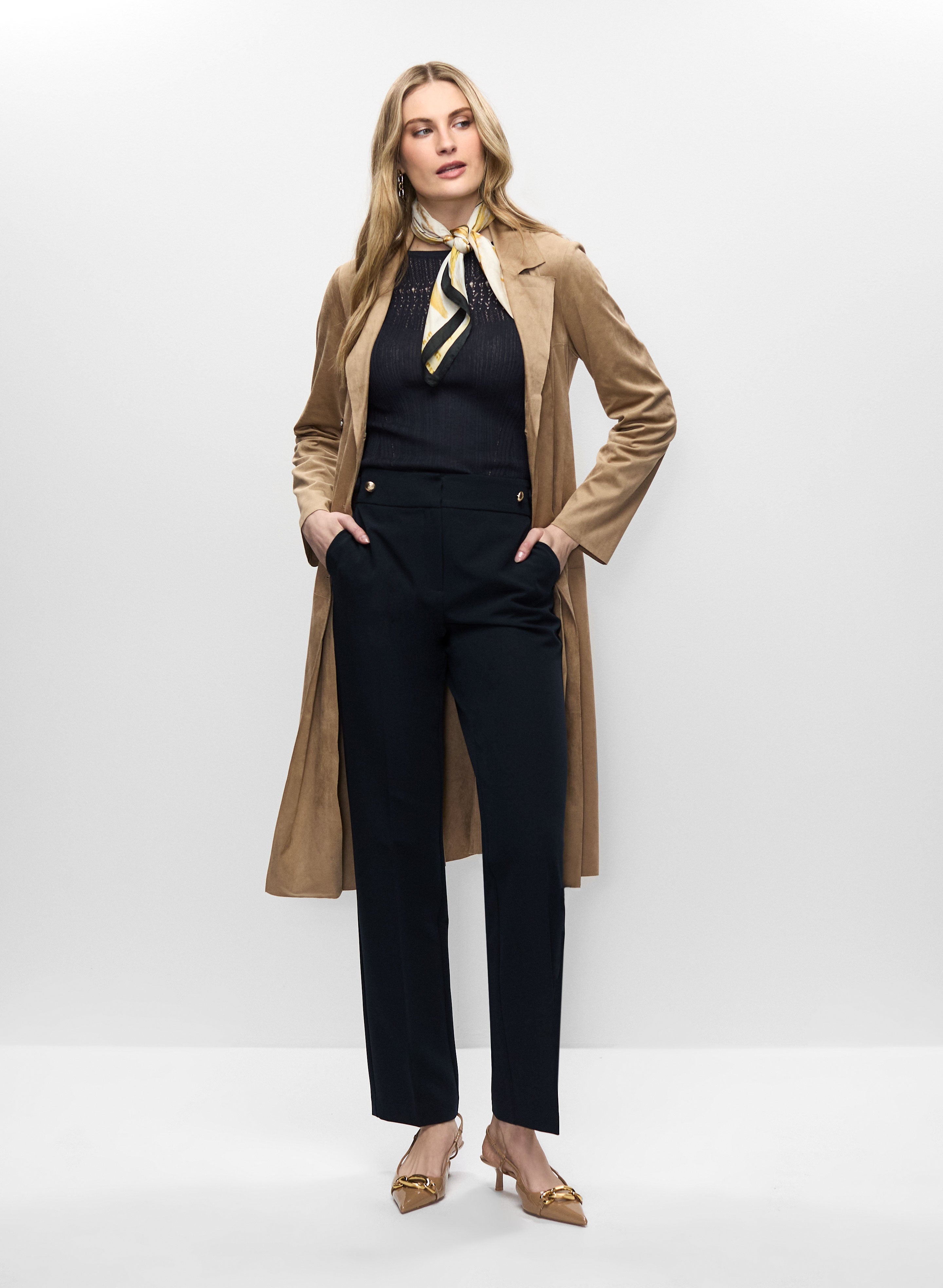 Faux Suede Trench, Pointelle Sweater & Straight Leg Trousers