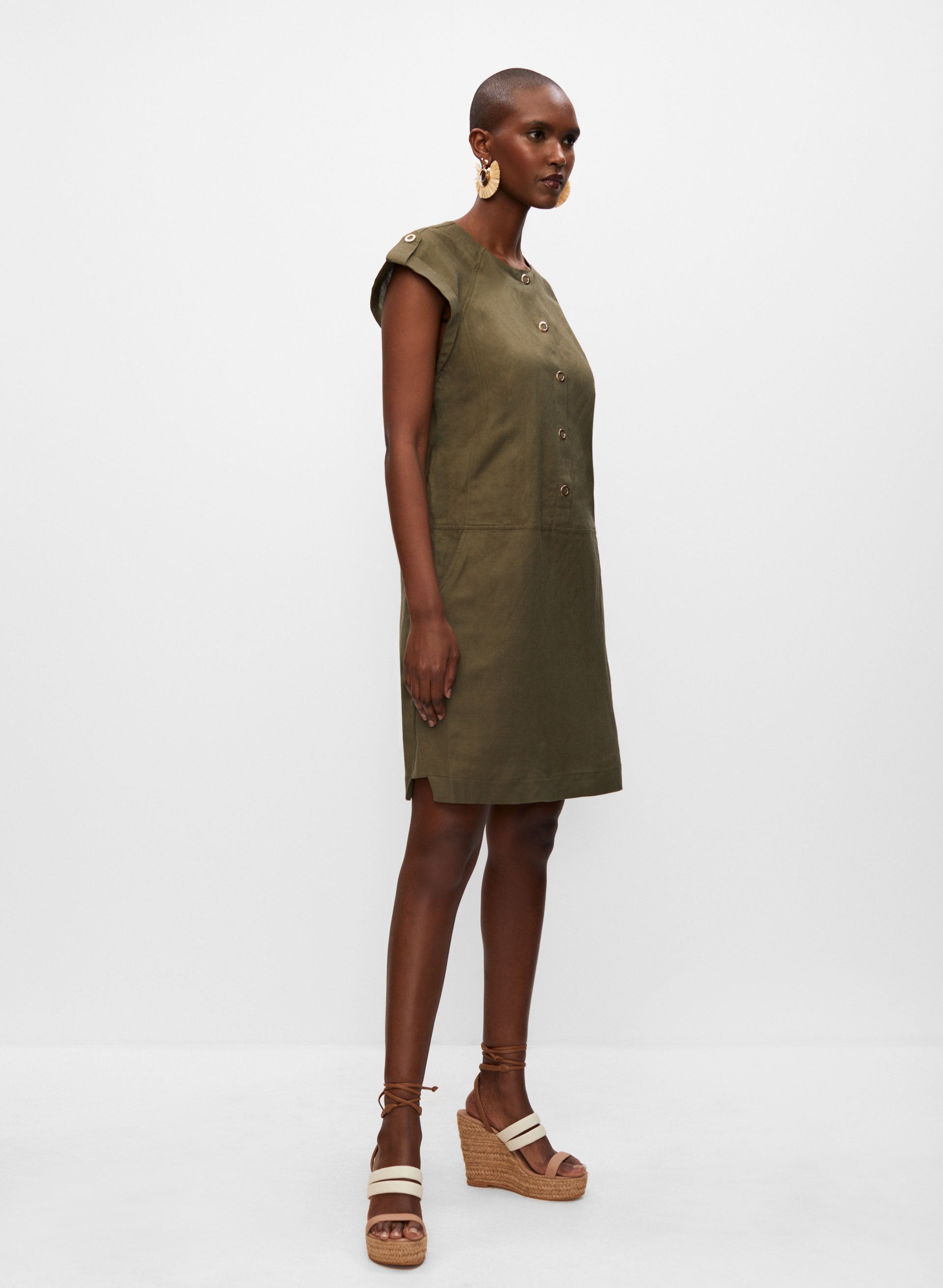 Short-Sleeve Button-Front Linen Dress With Waist Tie And Side Slit Hem Detail
