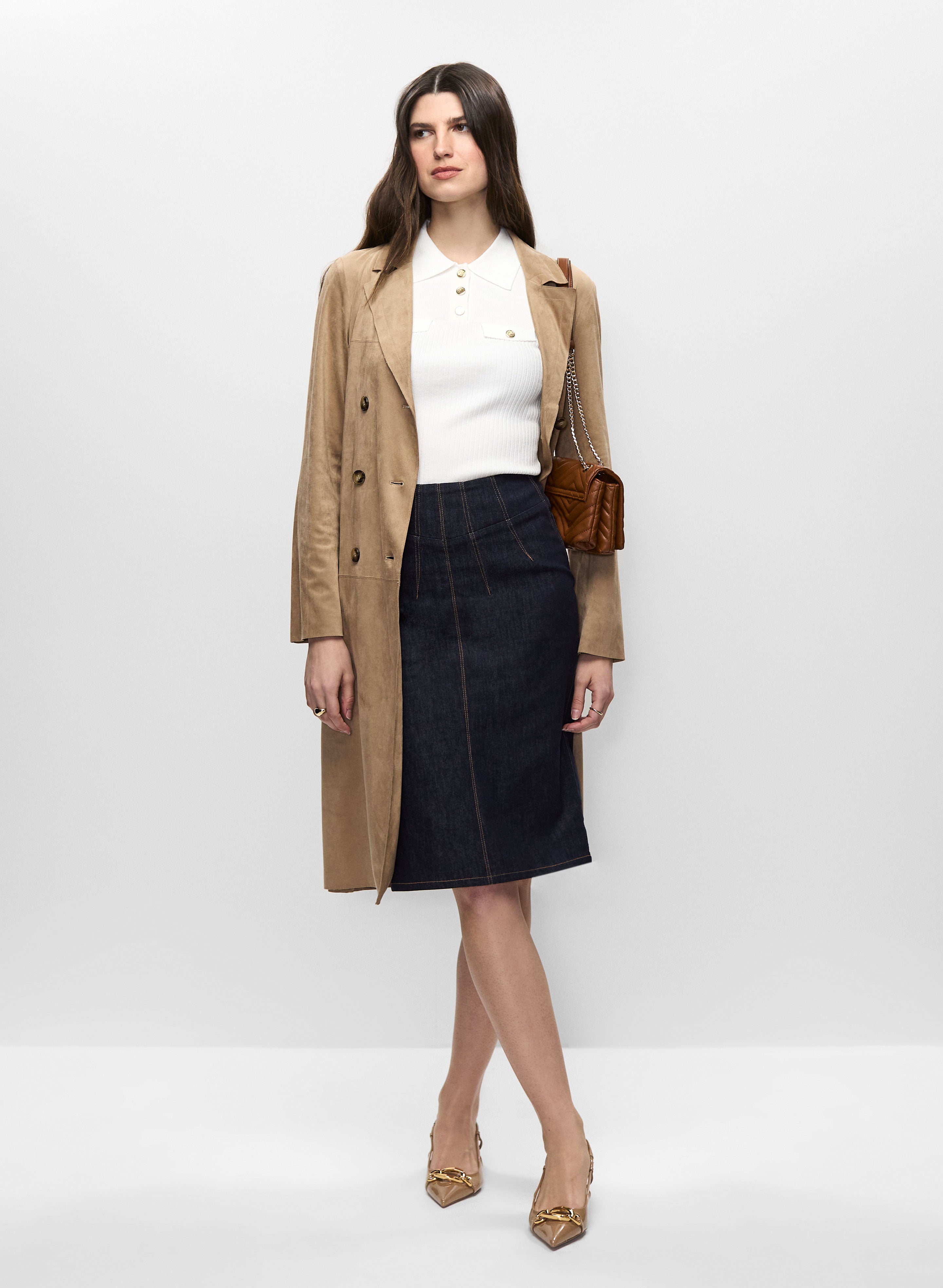 Faux Suede Trench & Denim Pencil Skirt