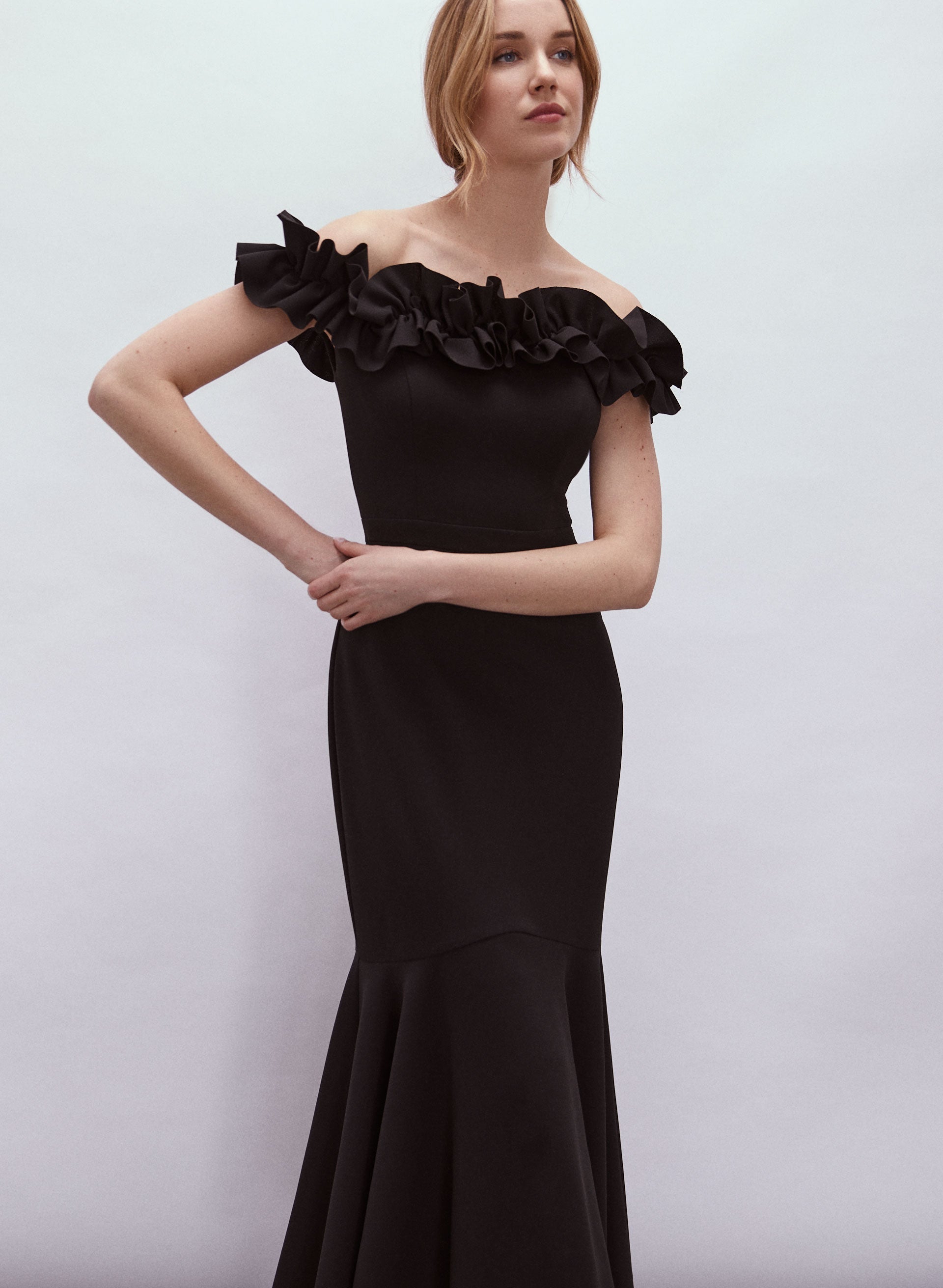 Black off the shoulder ruffle dress outlet