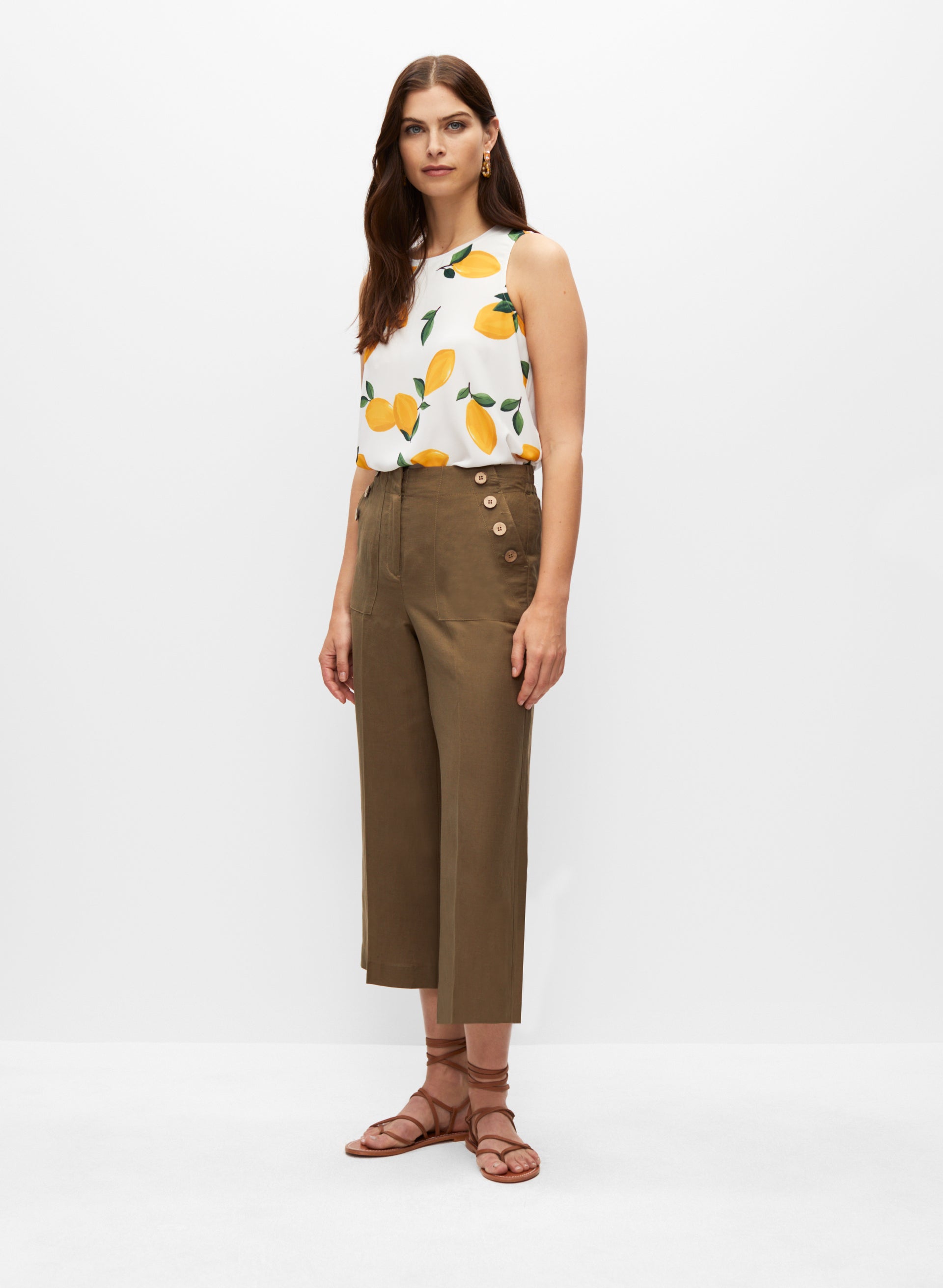 Melanie Lyne Women s Linen Rayon Linen Button Detail Culotte Pants in Army Green Size 16