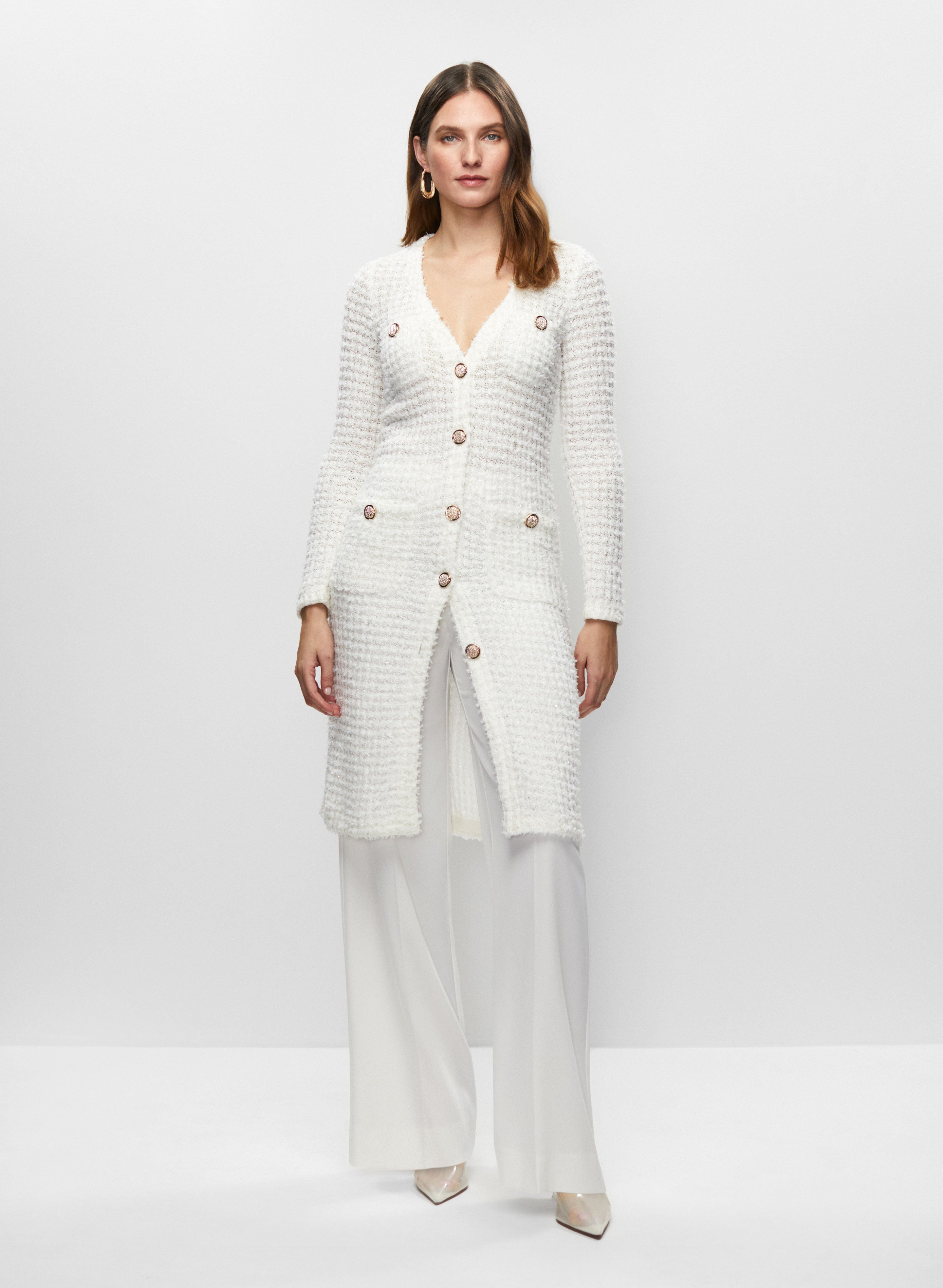 Long Boucle Cardigan Satin Waist Pants