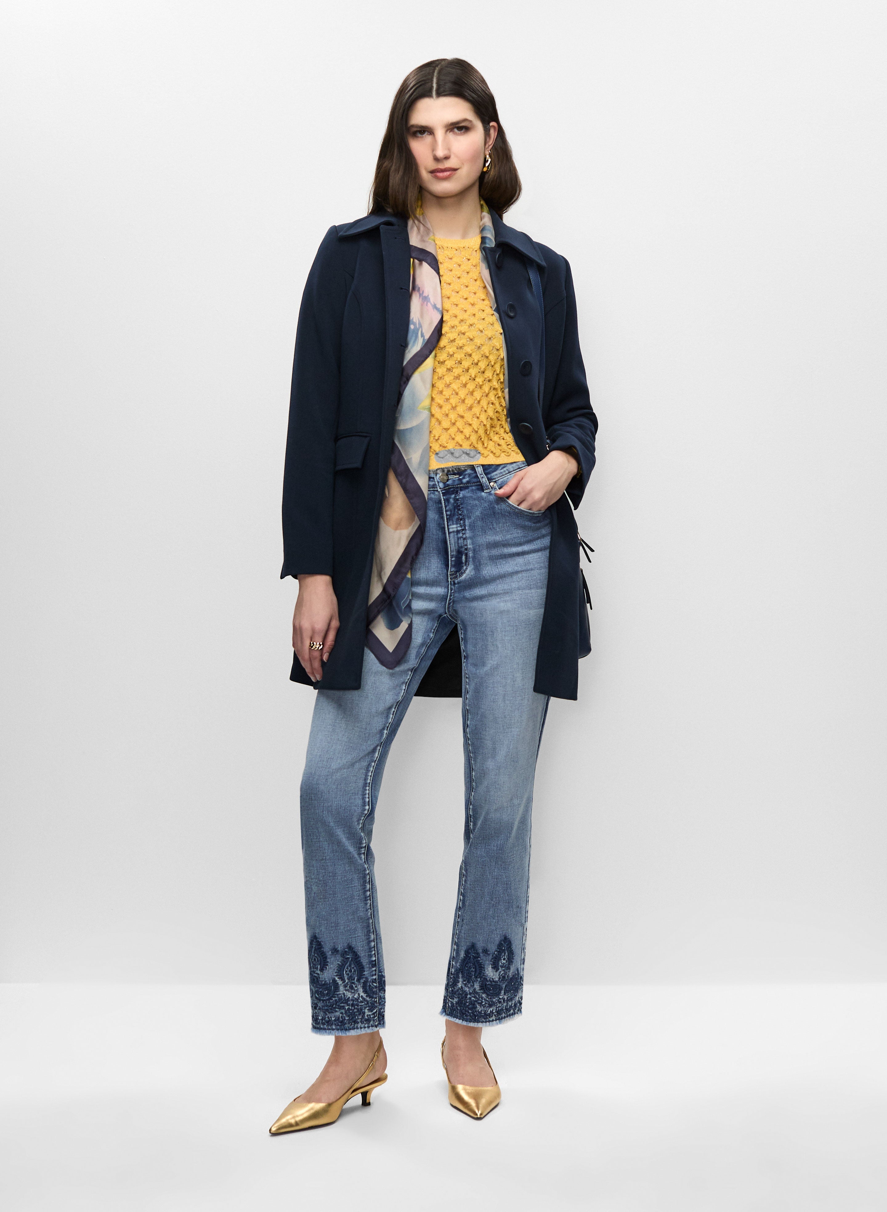 Medium-Length Trench Coat & Straight Leg Jeans