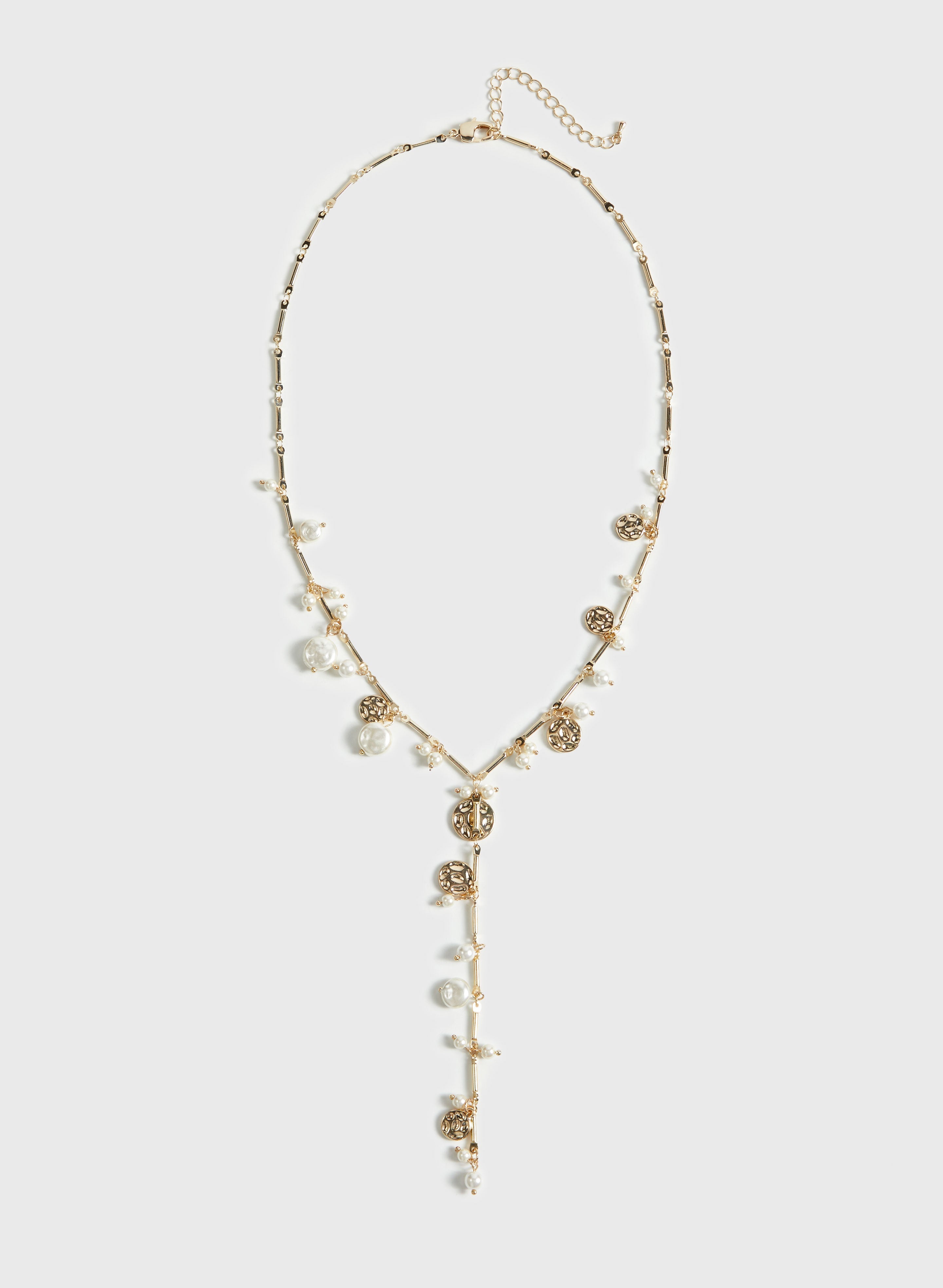 Pearl  & Hammered Discs Y Necklace