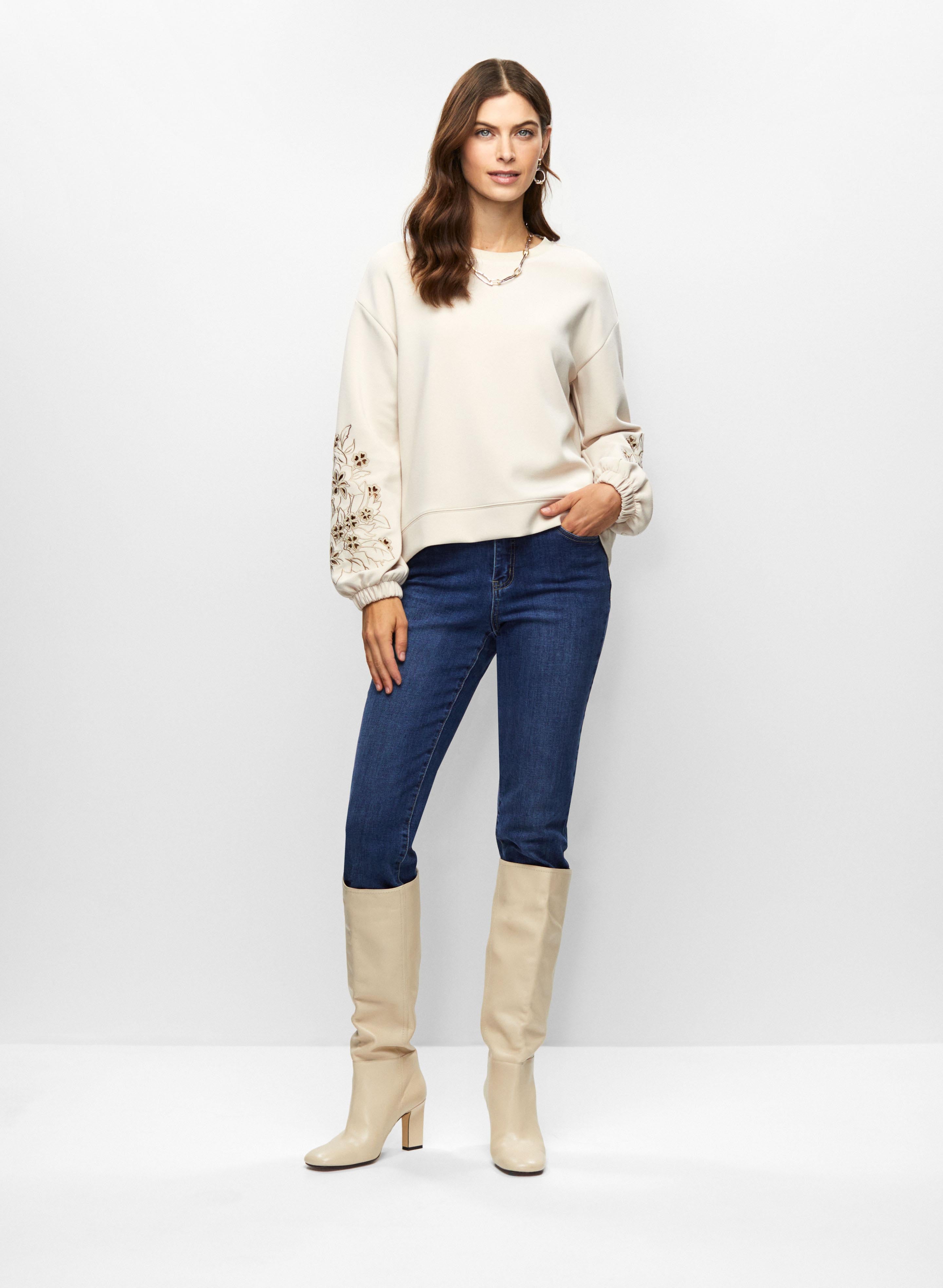 Crew Neck Sweater & Emboidered Jeans