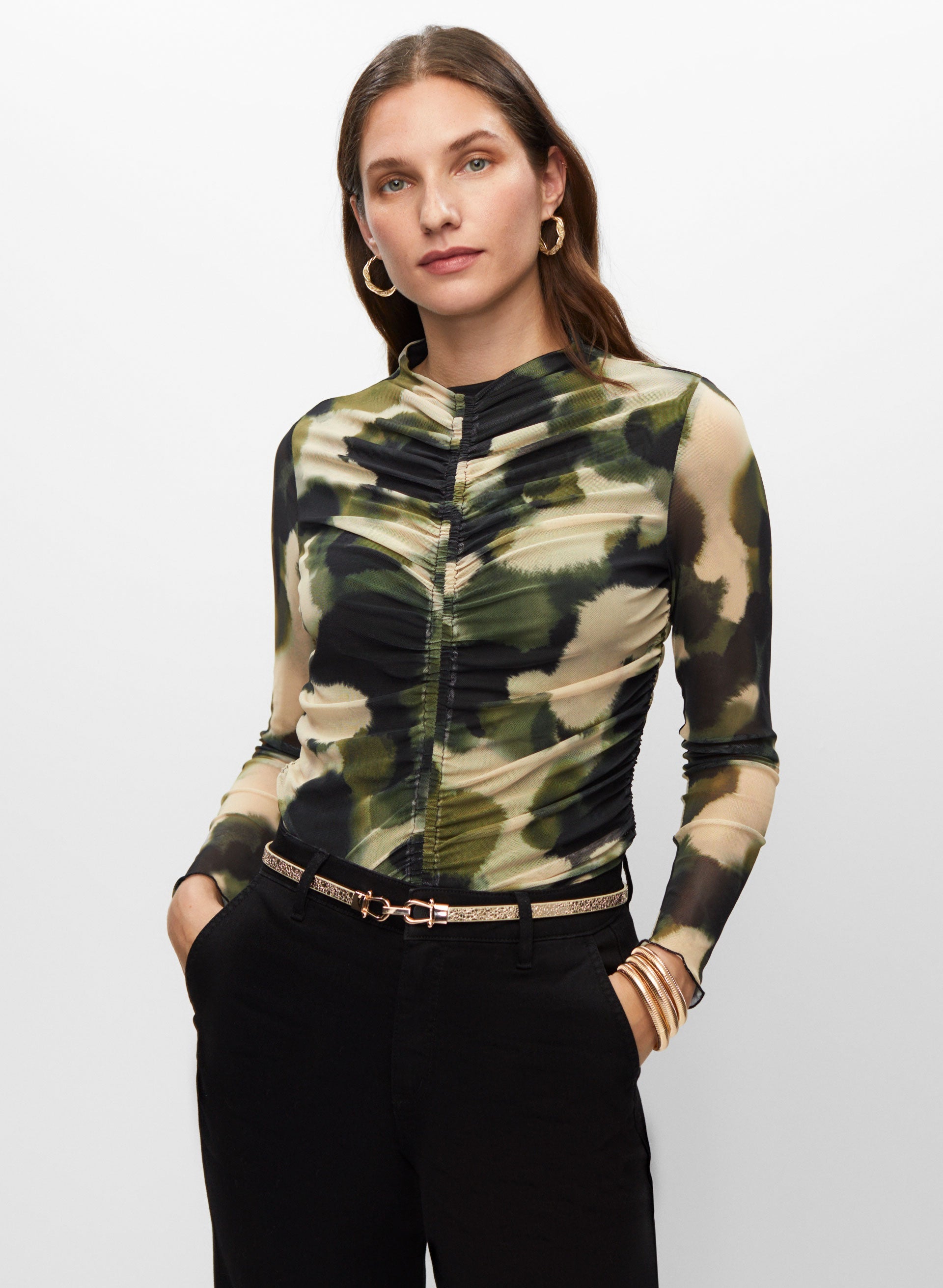 Camouflage Print Ruched Top