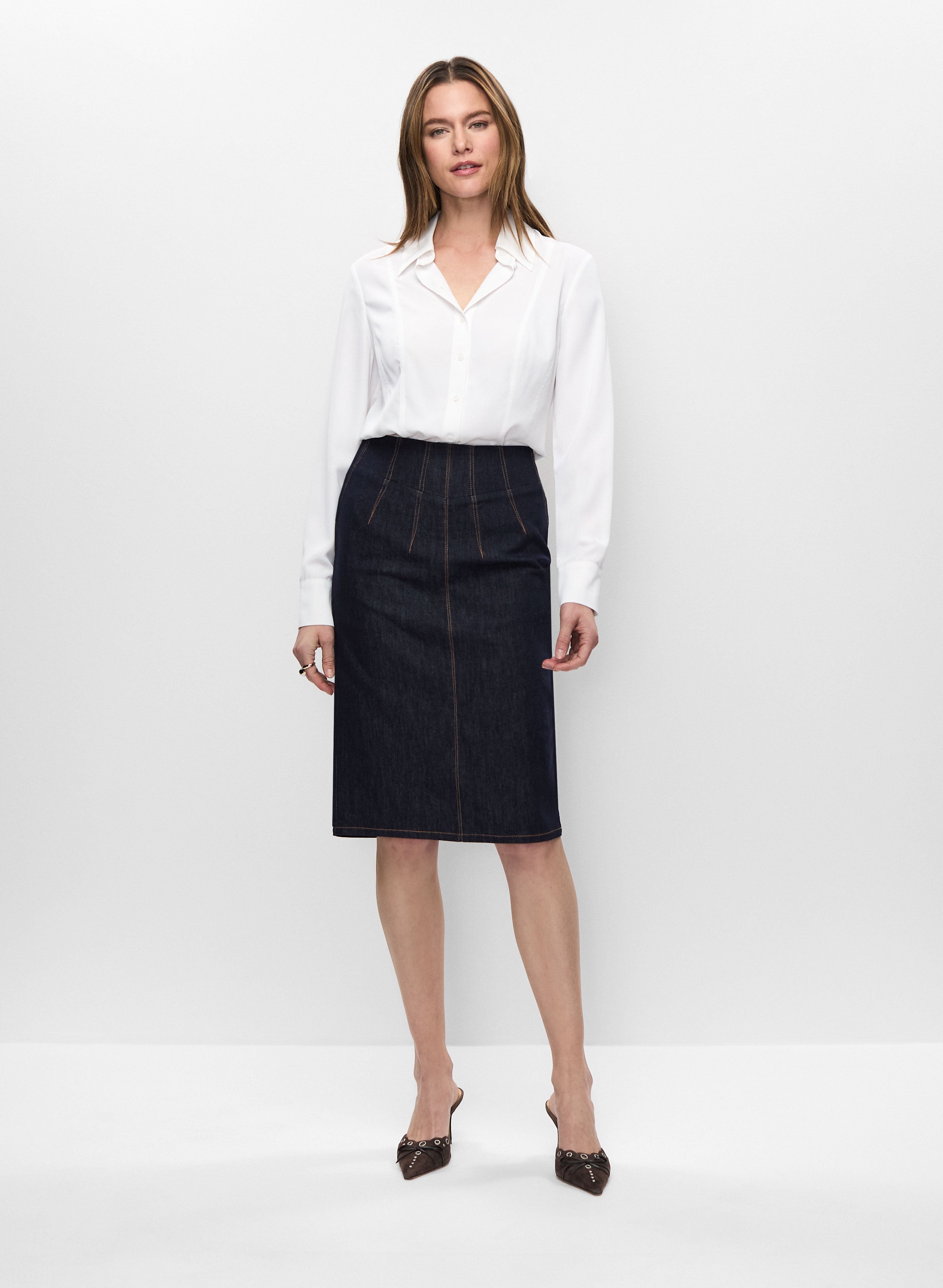Dark denim pencil skirt button front outlet